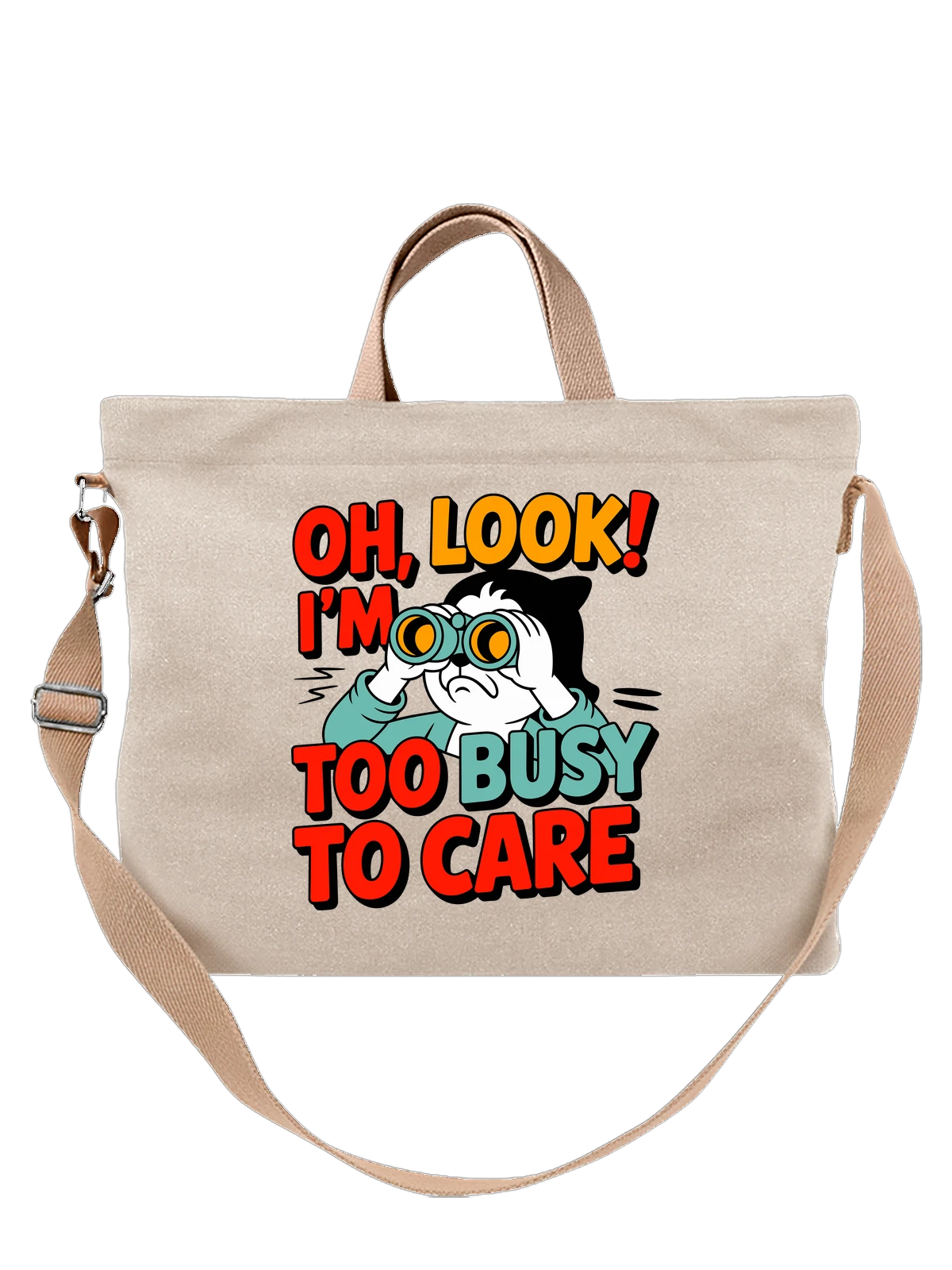 Сумка бежевая с принтом Грустная собака с биноклем и надписью — too busy to care — Бежевая, фото 1