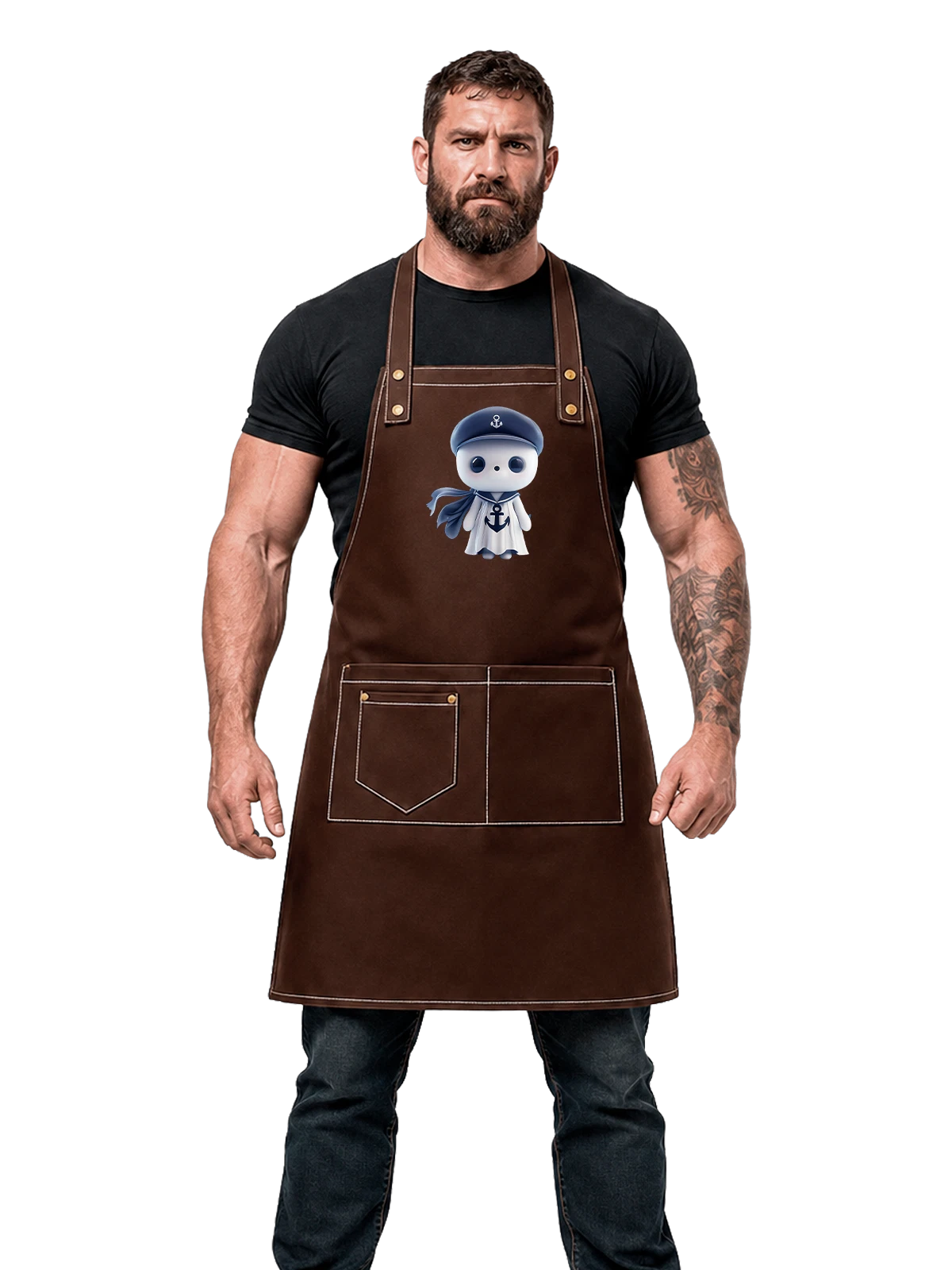 Фартук коричневый с принтом Милый моряк с якорем в матроске — морской стиль — Коричневый, фото 1
