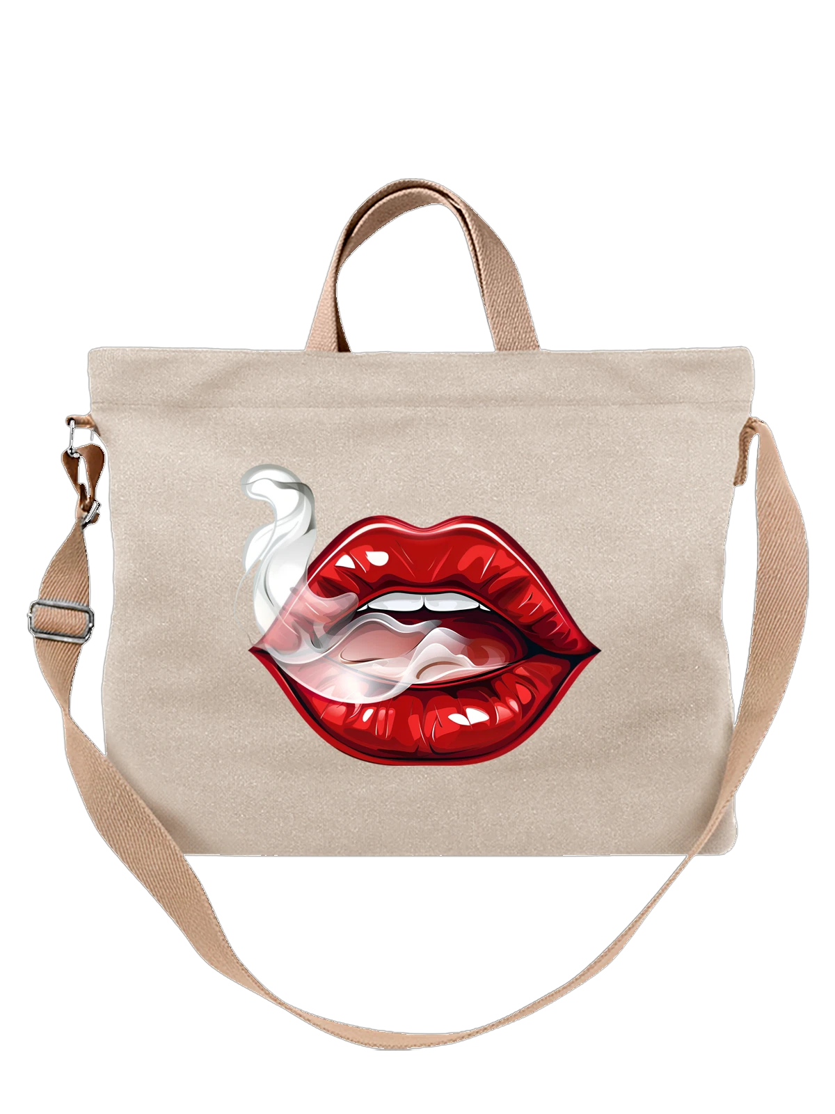 Сумка бежевая с принтом Красные губы с белым дымом — lips art — Бежевая, фото 1