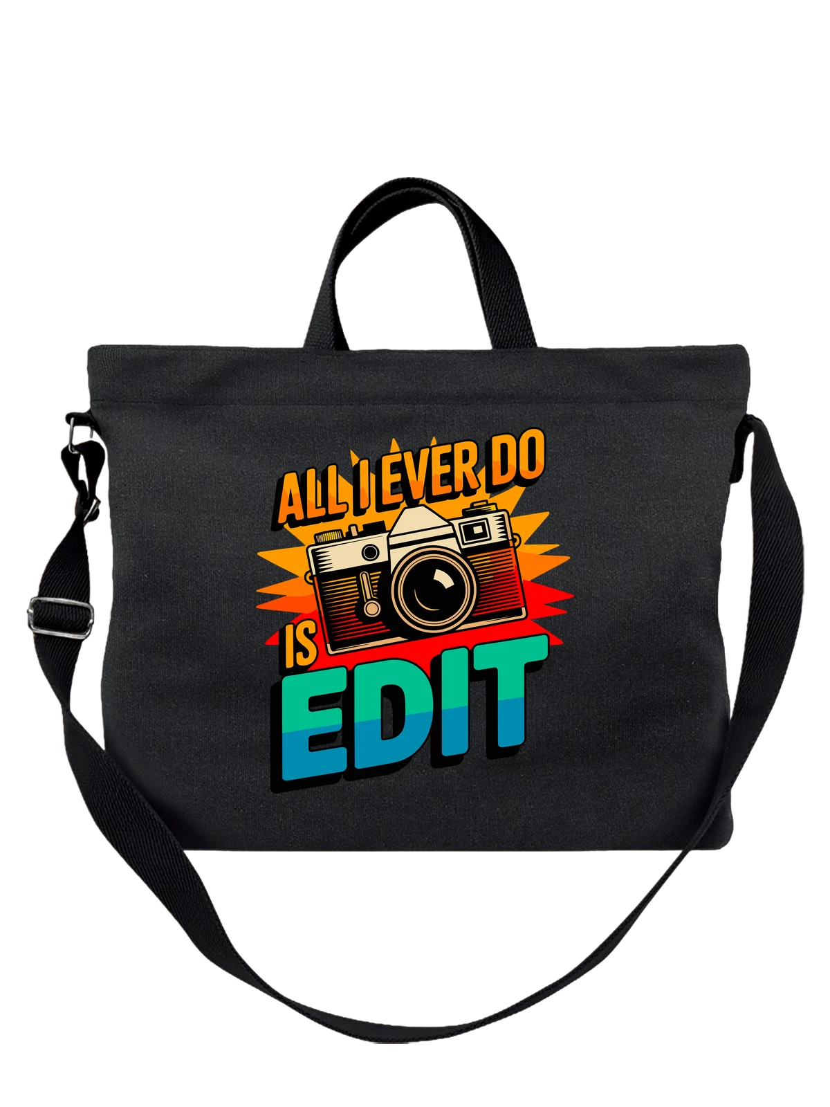 Сумка чёрная с принтом с винтажной камерой и All I Ever Do Is Edit — видоискатель — Чёрная, фото 1