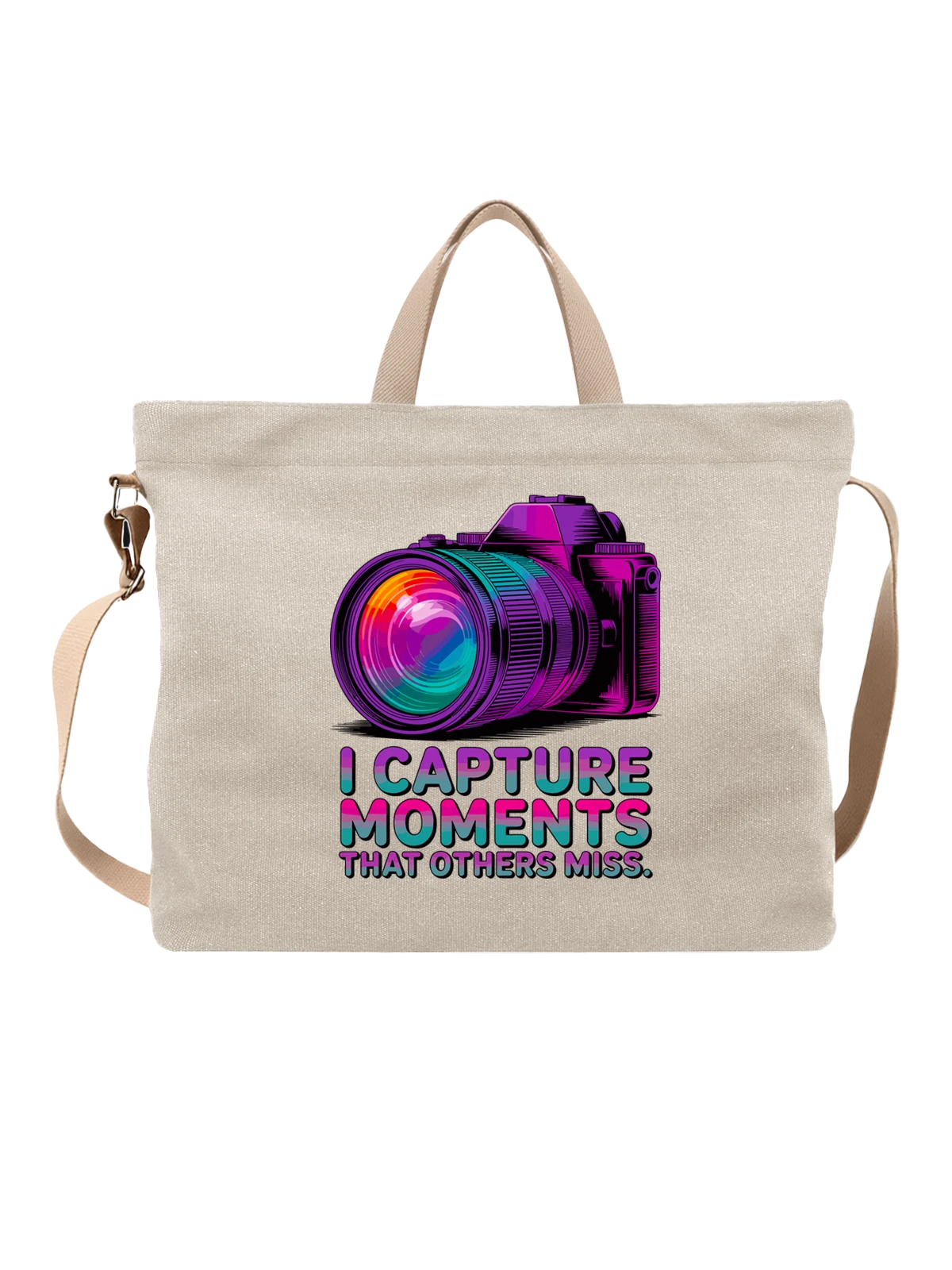 Сумка бежевая с принтом с цифровой камерой Capture Moments — неоновый стиль — Бежевая, фото 1