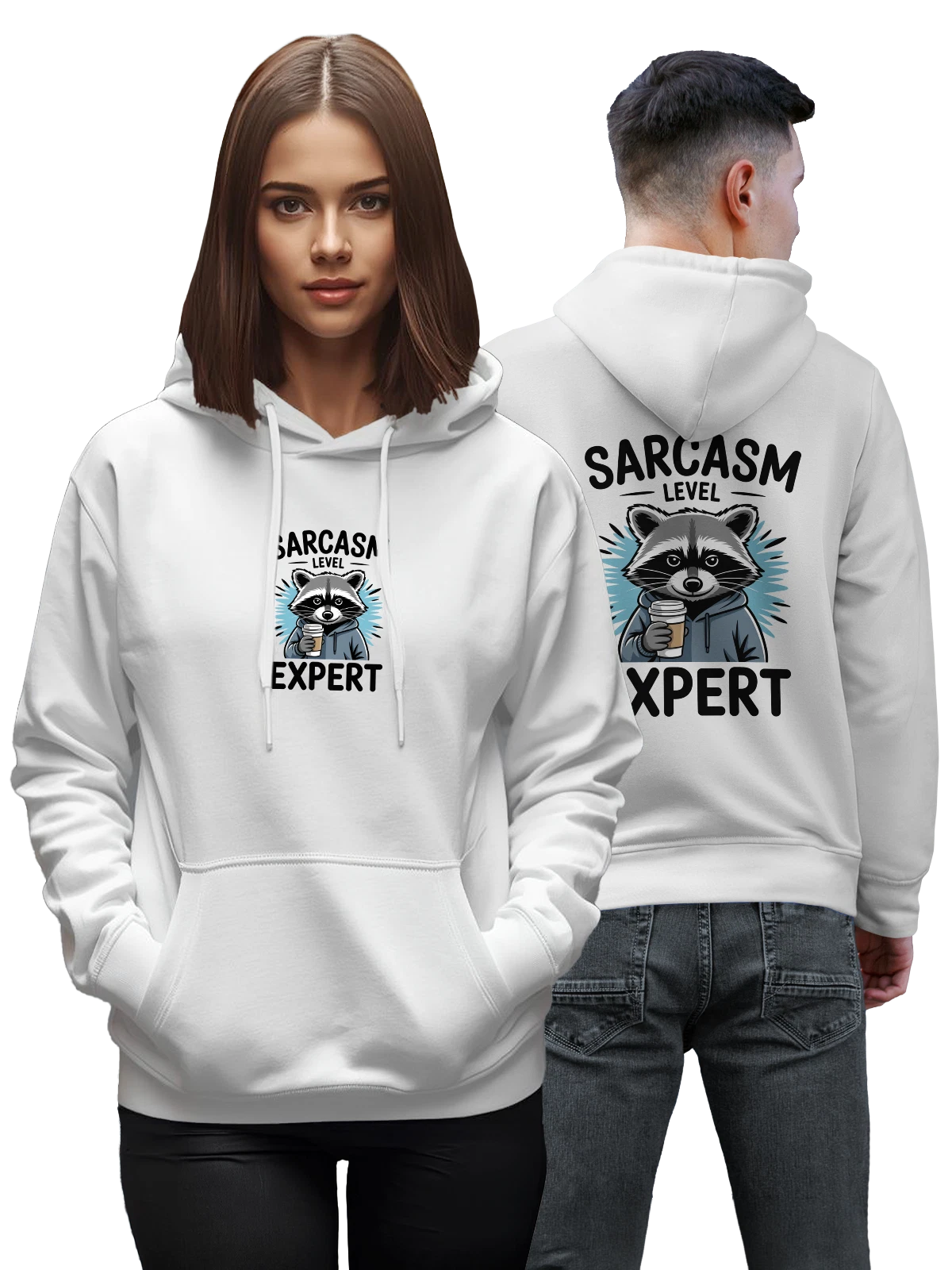 Худи Енот в худи с кофе и надписью EXPERT белое с принтом — мультяшный енот — Белая, фото 1