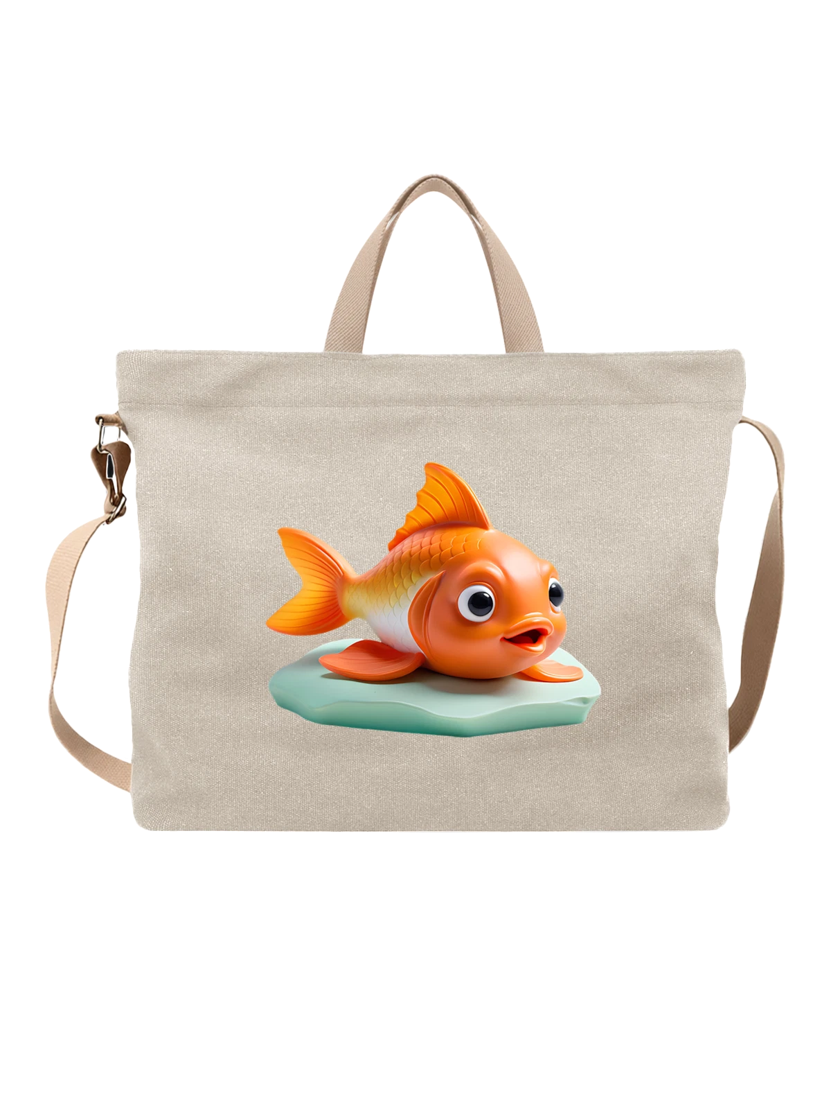 Сумка бежевая с принтом с оранжевой золотой goldfish на камне — underwater — Бежевая, фото 1