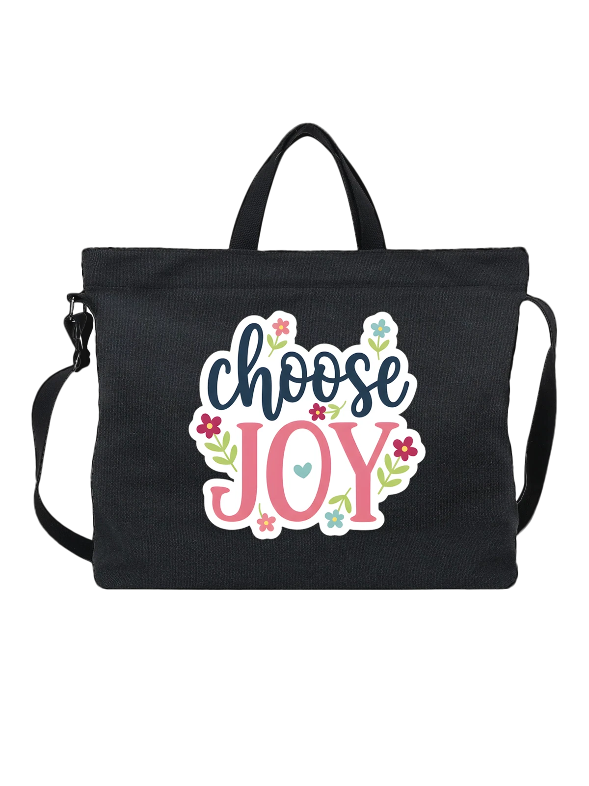 Сумка чёрная с принтом Choose Joy с цветами и сердечком — маленькие цветы с лепестками — Чёрная, фото 1