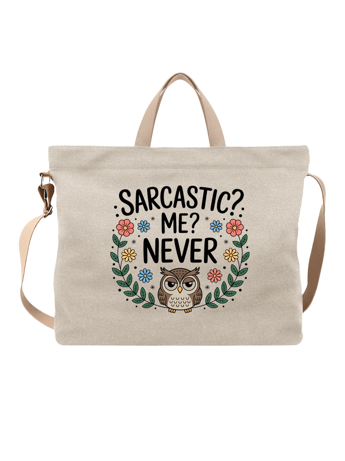 Сумка бежевая с принтом Сова Sarcastic Me Never с цветами — пернатый персонаж — Бежевая, фото 1