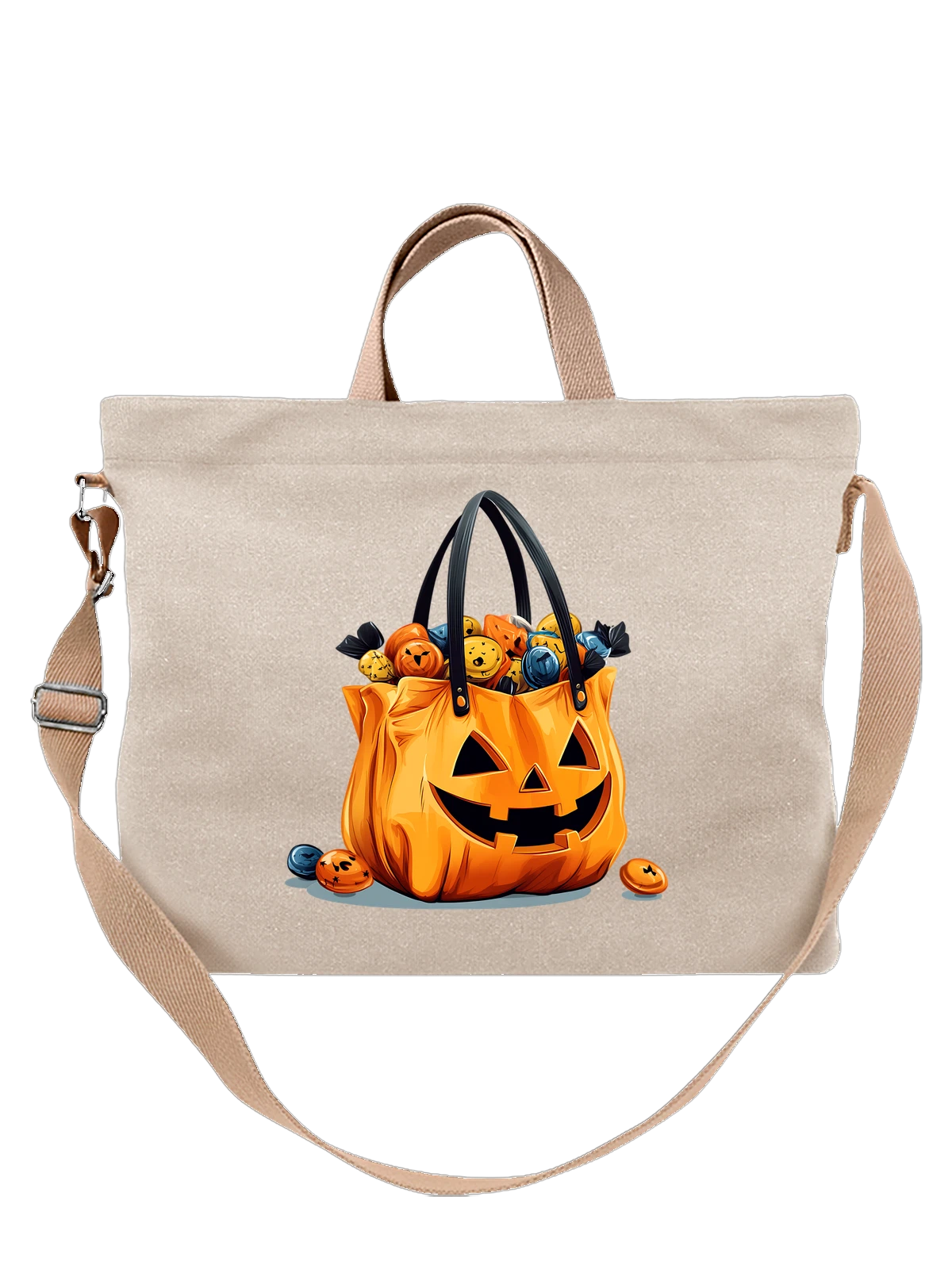 Сумка бежевая с принтом Тыквенная сумка хэллоуин с конфетами — jack o lantern — Бежевая, фото 1