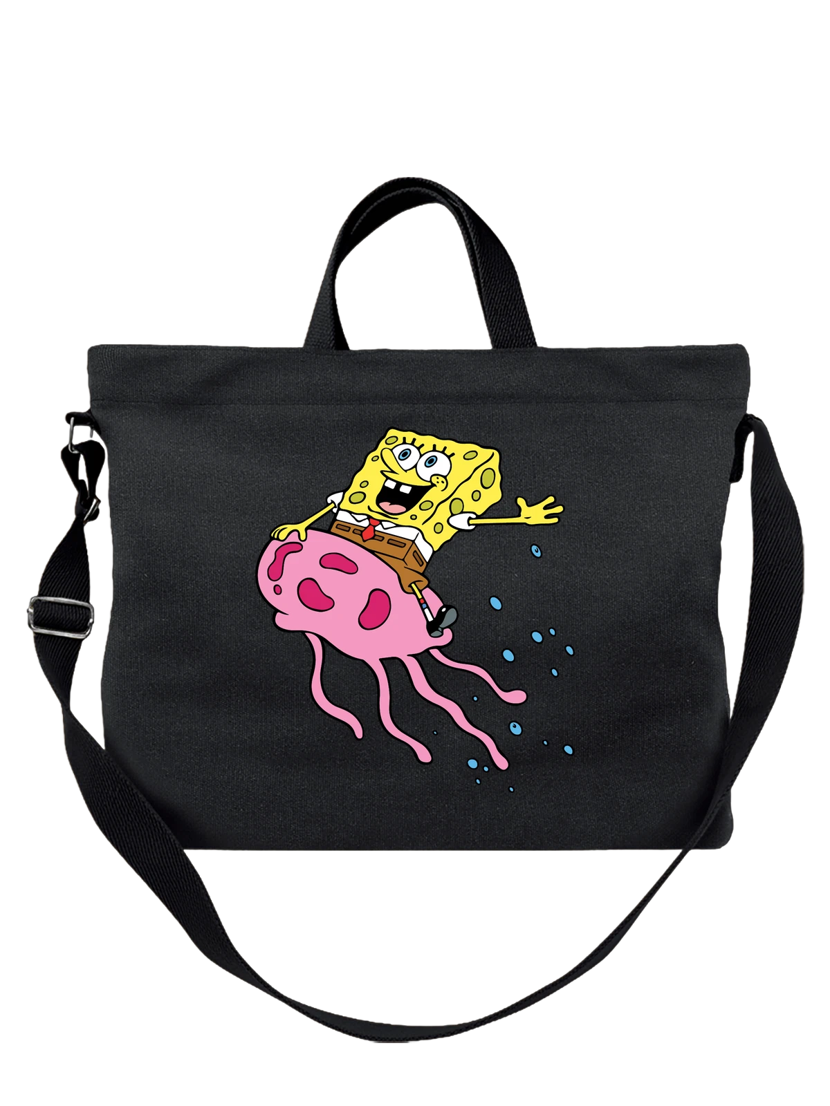 Сумка Спанч Боб на розовой медузе чёрная с принтом — желтый губка боб — Чёрная, фото 1
