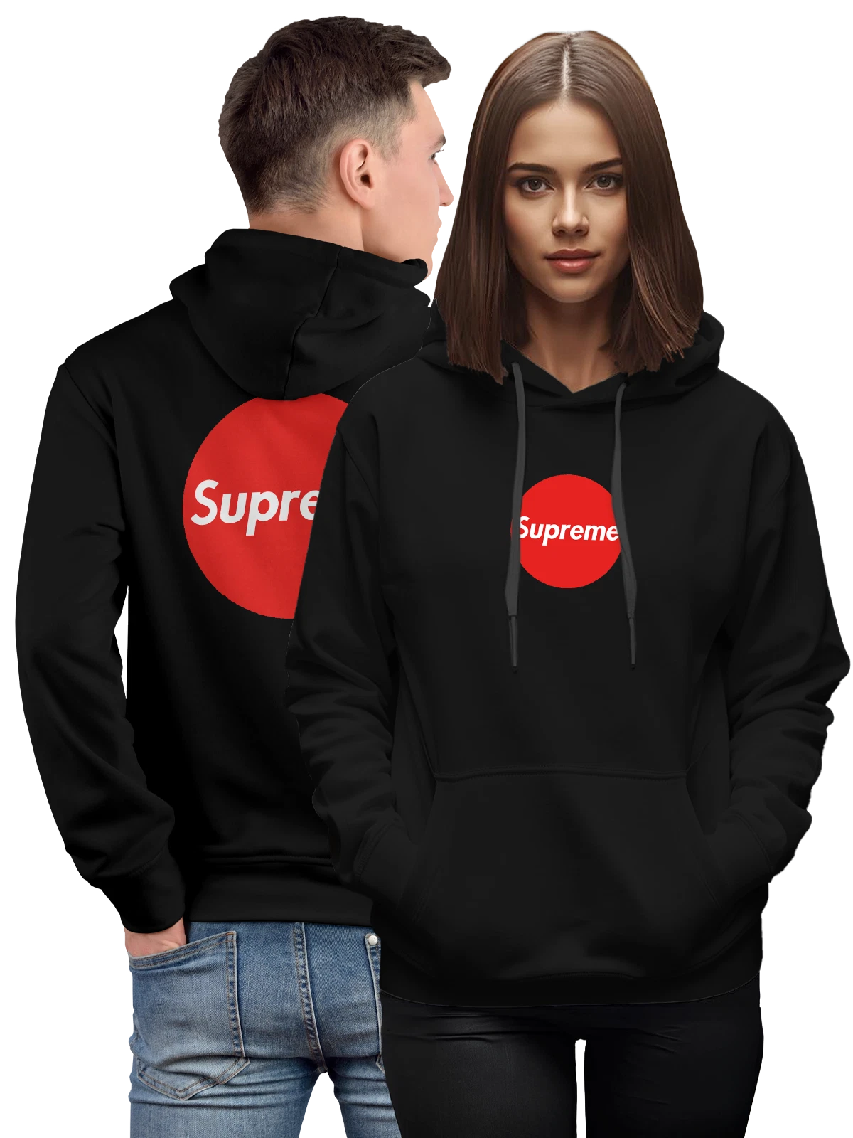 Худи Supreme чёрное с принтом — контраст белого и красного — Чёрная, фото 1
