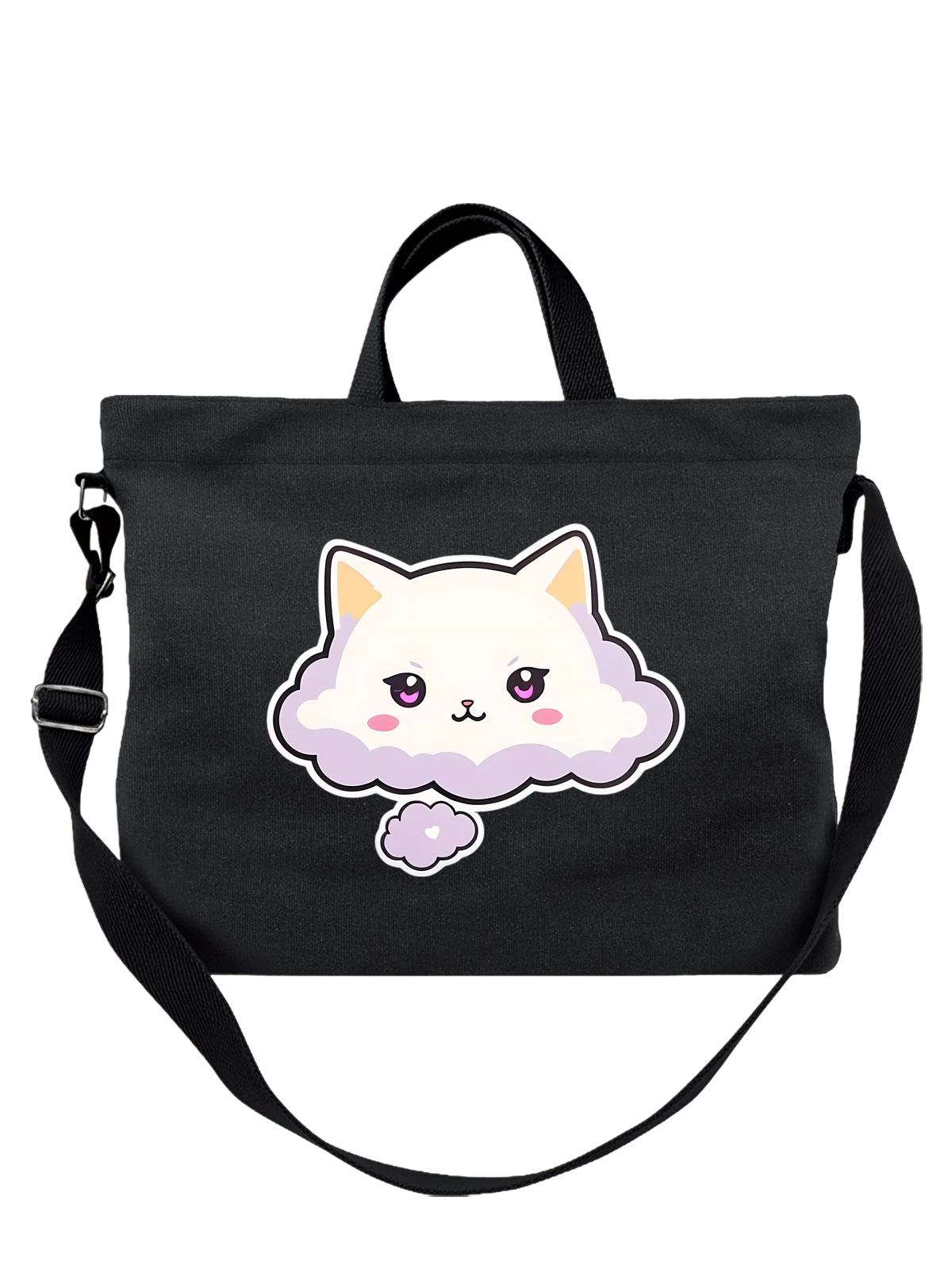 Сумка чёрная с принтом Милый белый кот с розовыми глазами и ушами — kawaii кот — Чёрная, фото 1