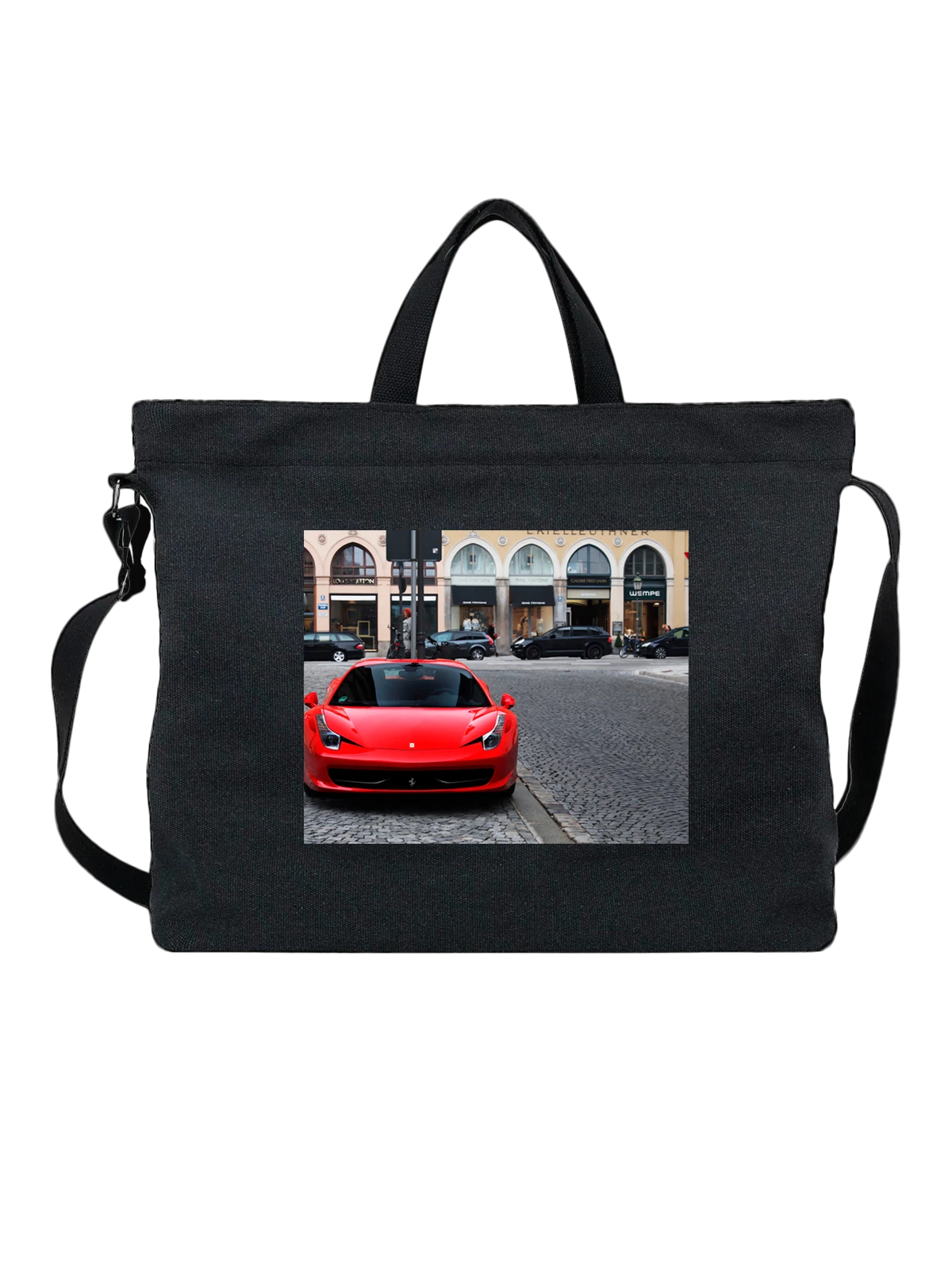 Сумка чёрная с принтом Машина красная Ferrari — тюнинг автомобиля — Чёрная, фото 1