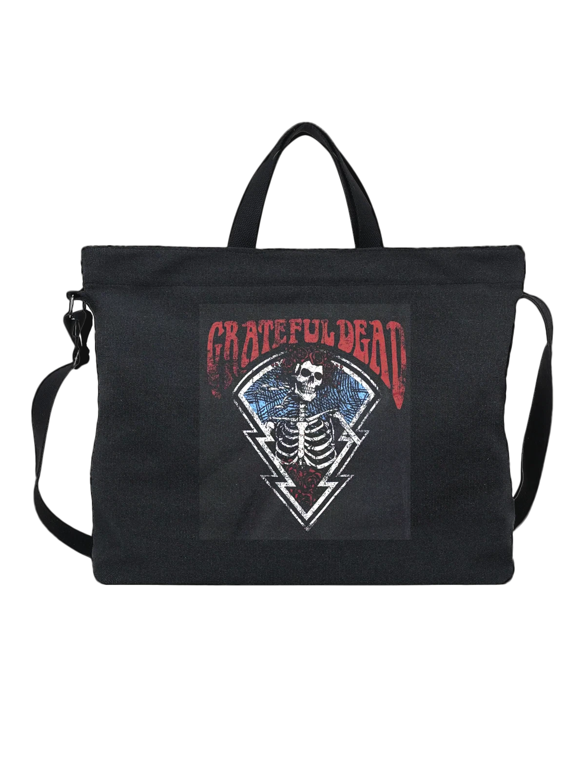 Сумка чёрная с принтом Grateful Dead: череп с розами — рок группа — Чёрная, фото 1