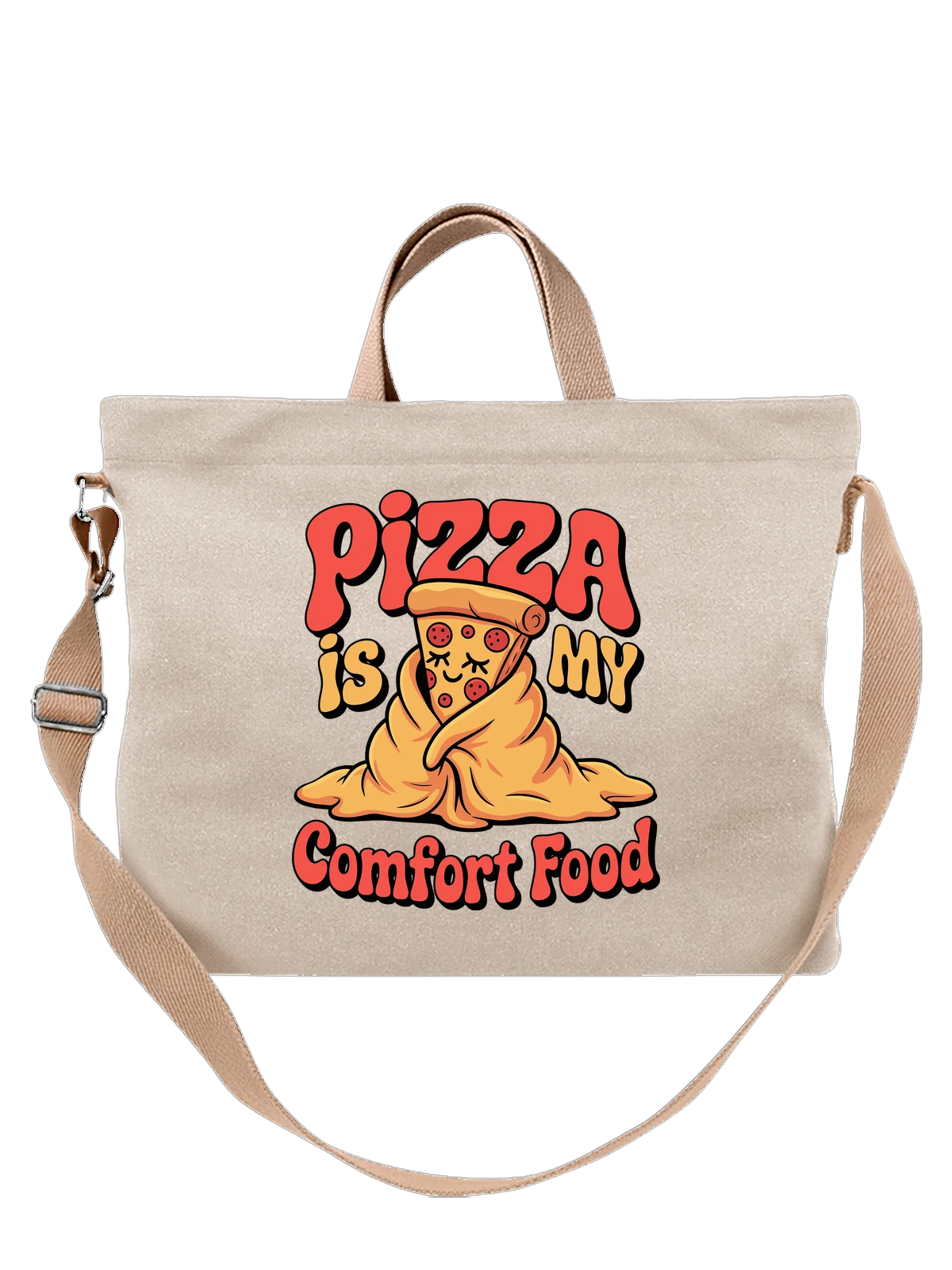 Сумка бежевая с принтом Пицца в одеяле Comfort Food — мультяшная пицца — Бежевая, фото 1