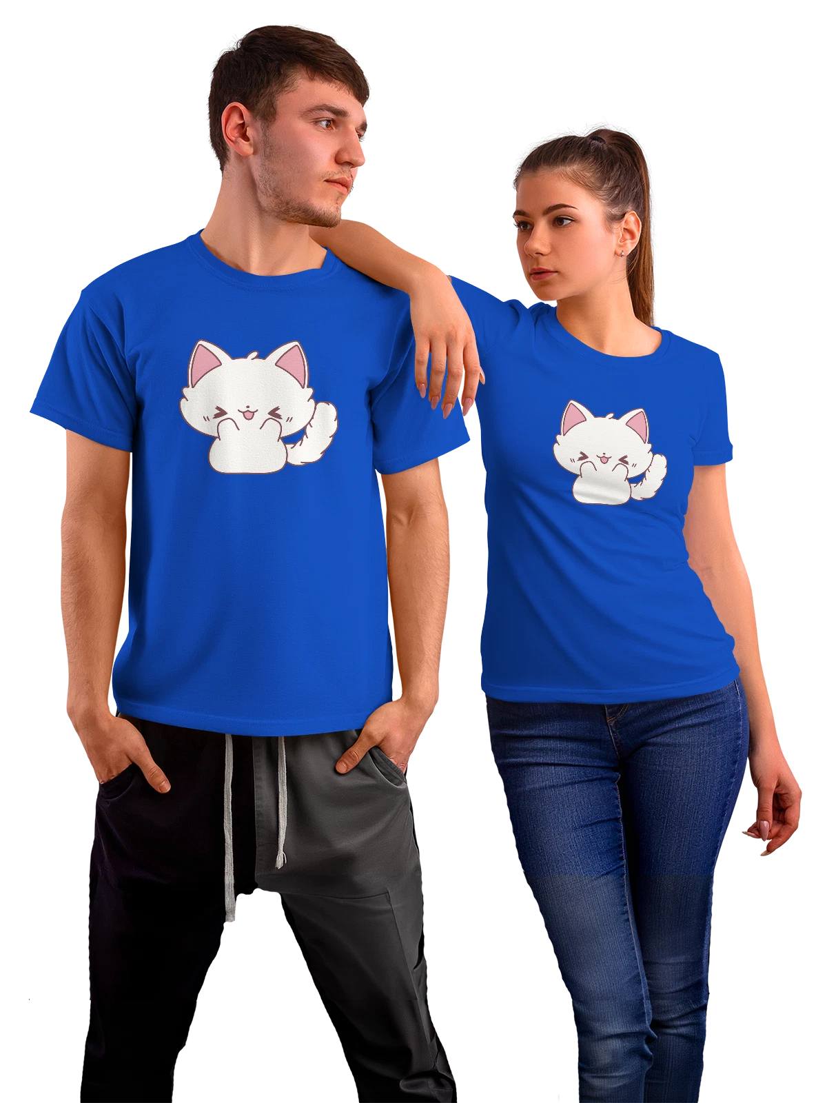 Футболка Милый белый котенок с закрытыми глазами синяя с принтом — kawaii cat — Синяя, фото 1