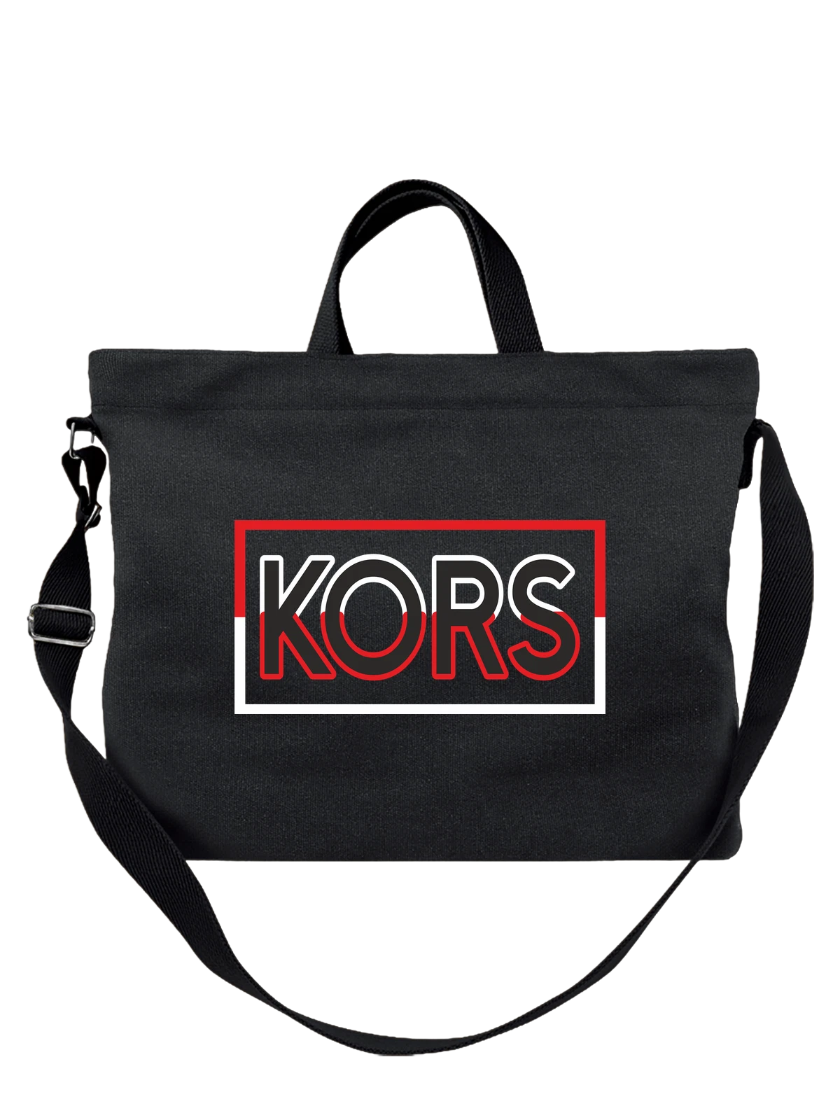 Сумка KORS крупный логотип с красно белым фоном чёрная с принтом — типографика — Чёрная, фото 1