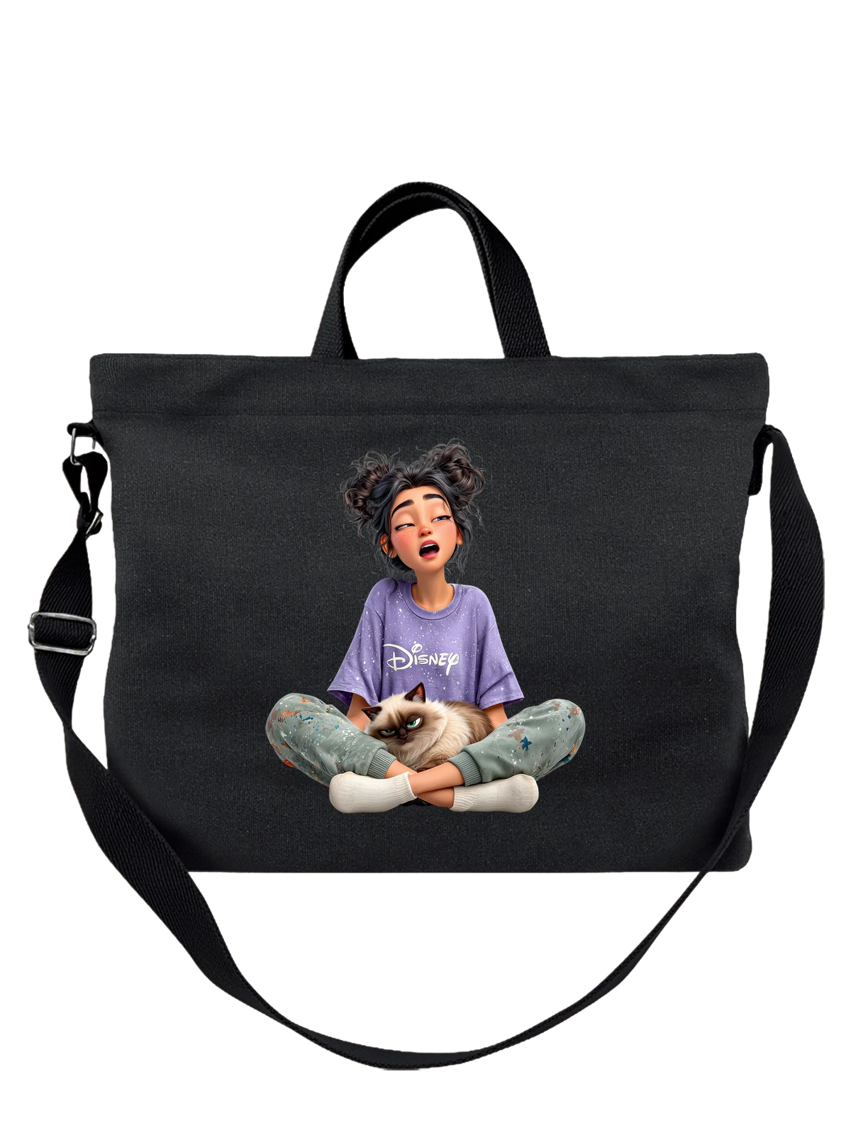 Сумка чёрная с принтом Девочка с сиамской кошкой и Disney — фиолетовая одежда — Чёрная, фото 1