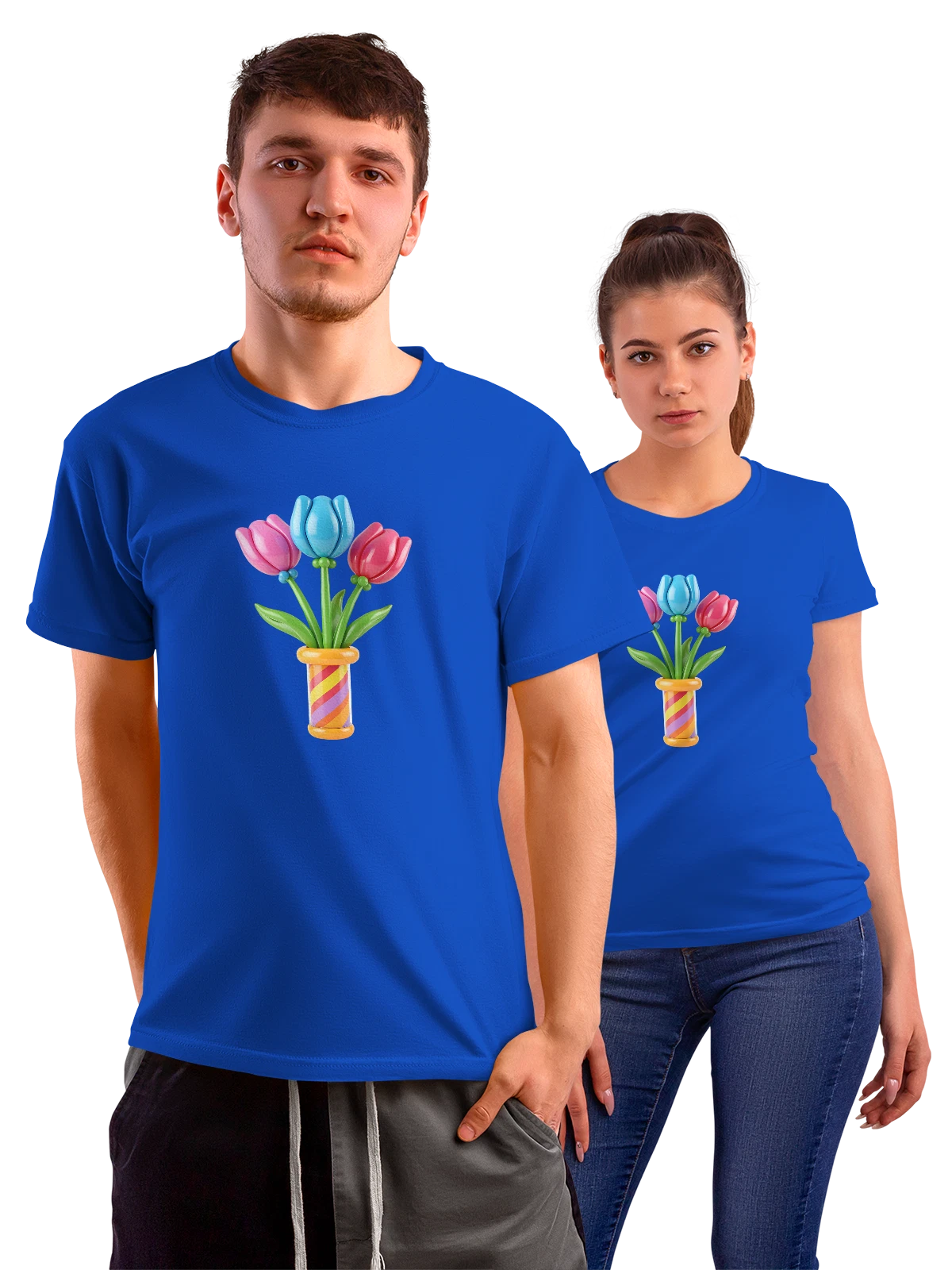 Футболка с тремя тюльпанами в стеклянной вазе синяя с принтом — букет тюльпанов — Синяя, фото 1