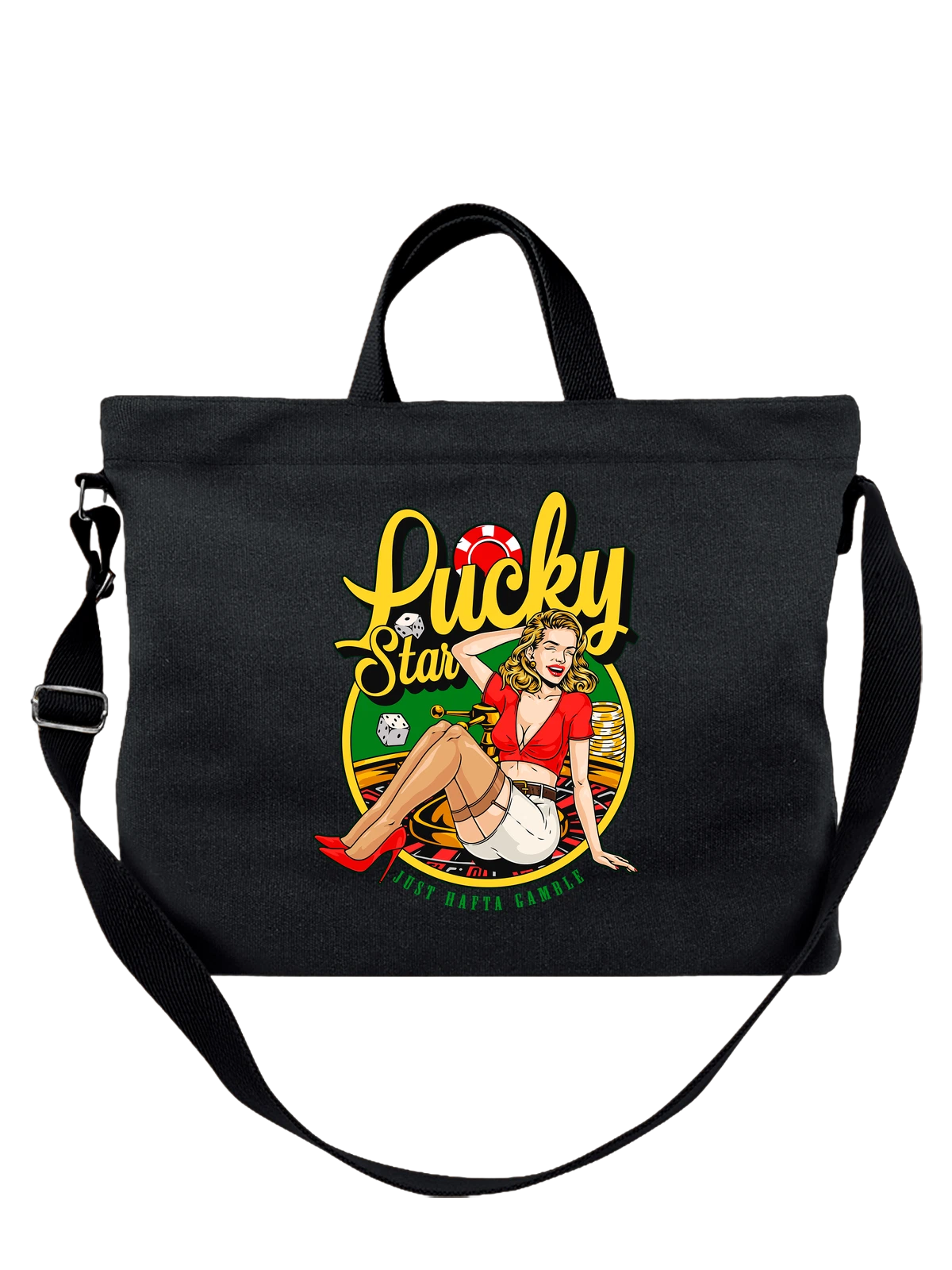Сумка Рулетка надпись lucky star чёрная с принтом — одежда унисекс — Чёрная, фото 1