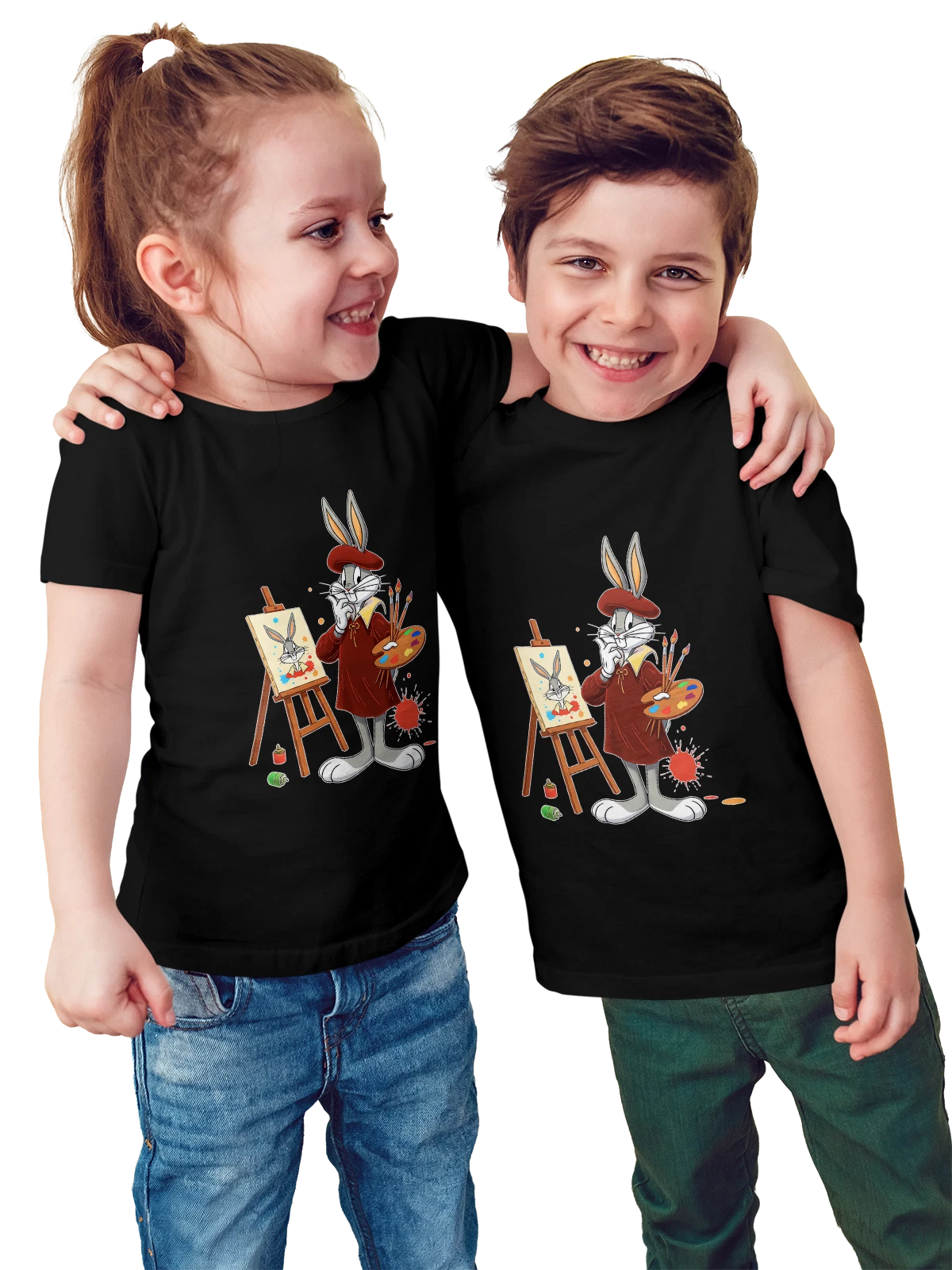 Футболка детская Багз Банни Bugs Bunny мультфильм художник живописец чёрная с принтом — мультяшный — Чёрная, фото 1