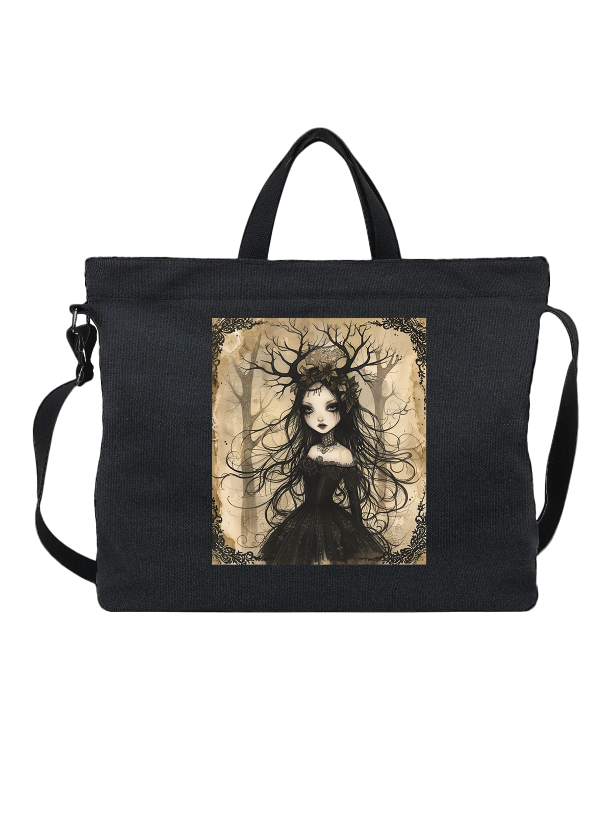 Сумка чёрная с принтом Gothic doll с рогами и венком — мрачная иллюстрация — Чёрная, фото 1