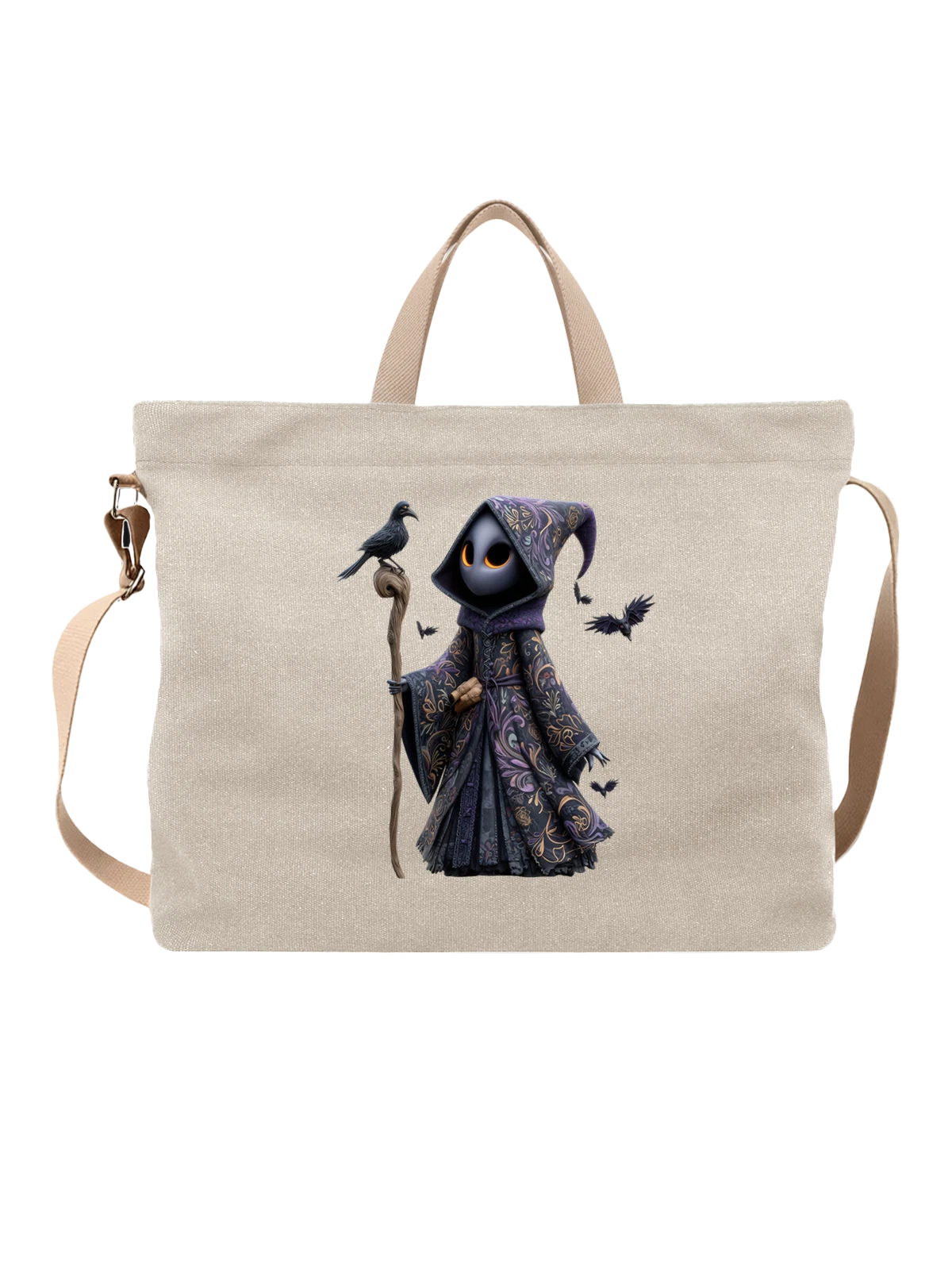 Сумка бежевая с принтом Hooded dark wizard с вороном и посохом — mystical wizard — Бежевая, фото 1