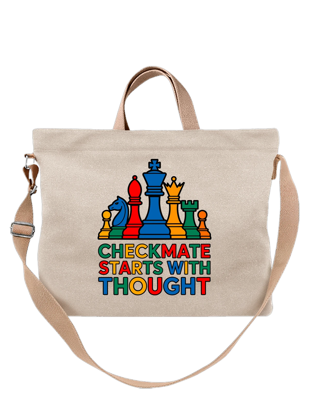 Сумка бежевая с принтом с шахматными фигурами и слоганом Chessmate — пешка — Бежевая, фото 1