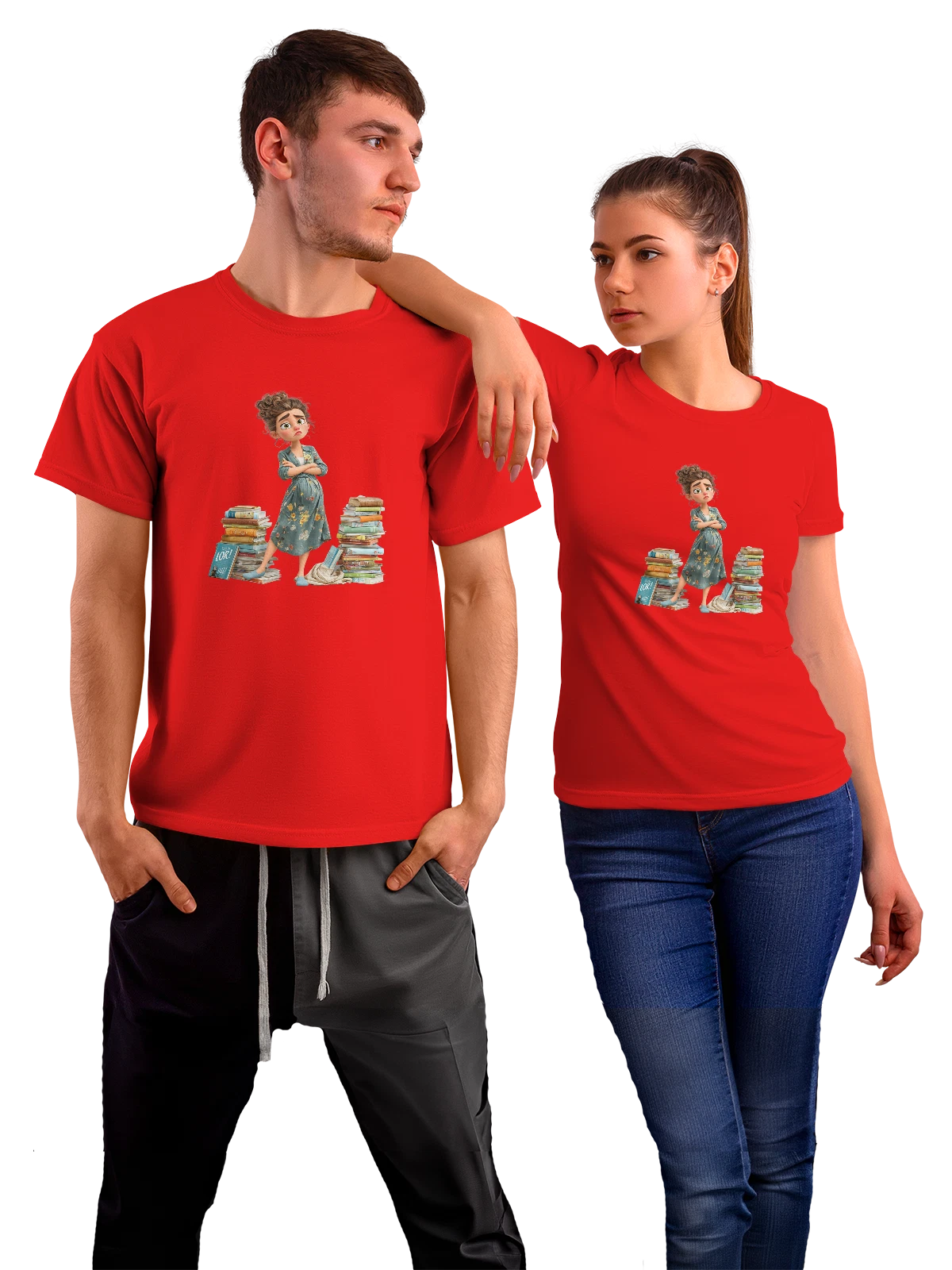 Футболка Задумчивая девушка с книгами и стопками томов красная с принтом — домашний уют — Красная, фото 1