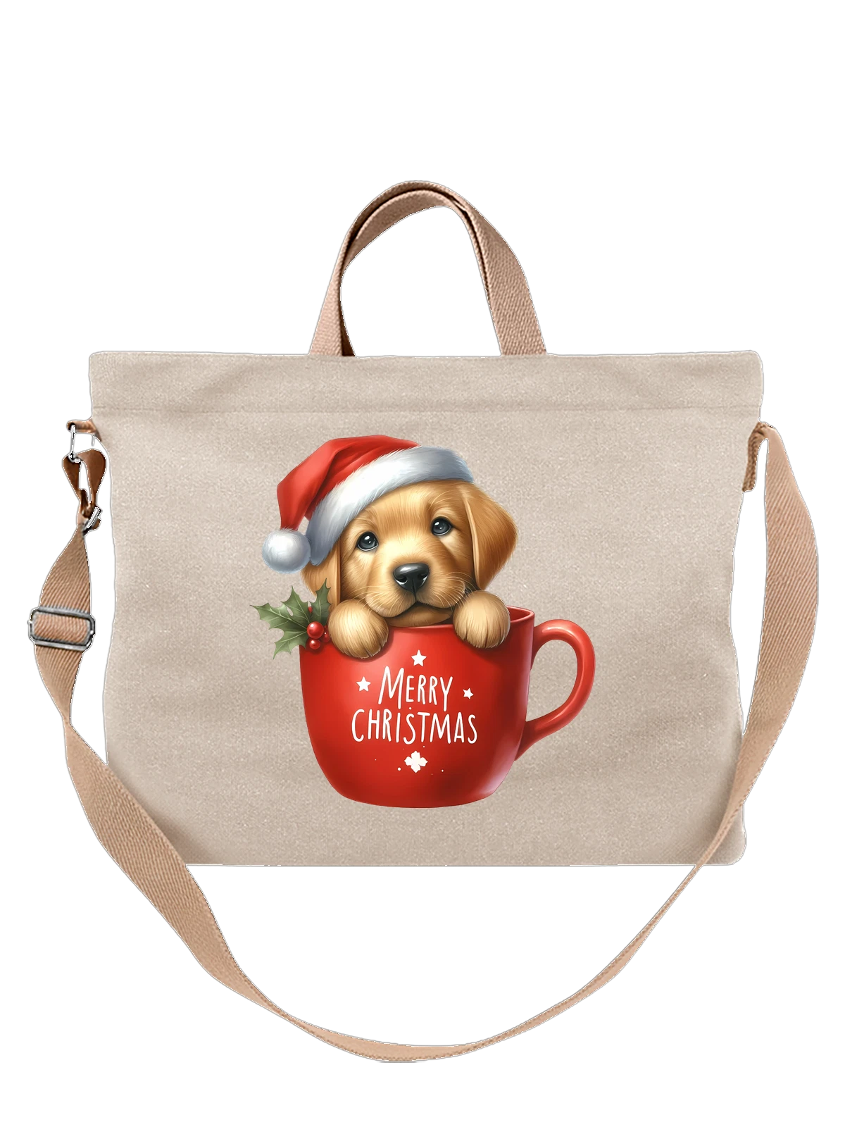 Сумка Щенок золотистого ретривера в чашке белая с принтом — red Christmas mug — Белая, фото 1