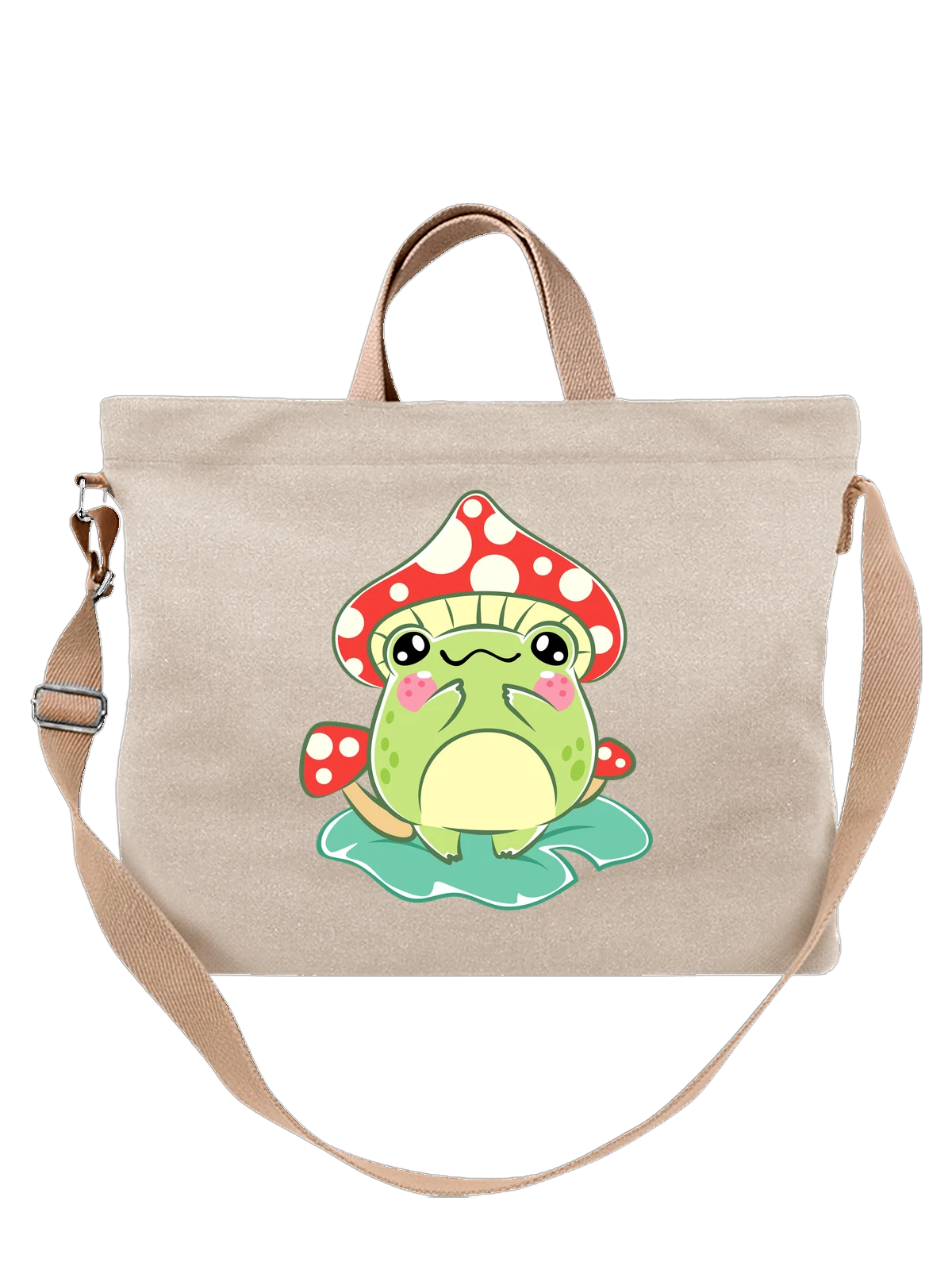Сумка бежевая с принтом Милая лягушка в грибной шляпе — cute frog — Бежевая, фото 1