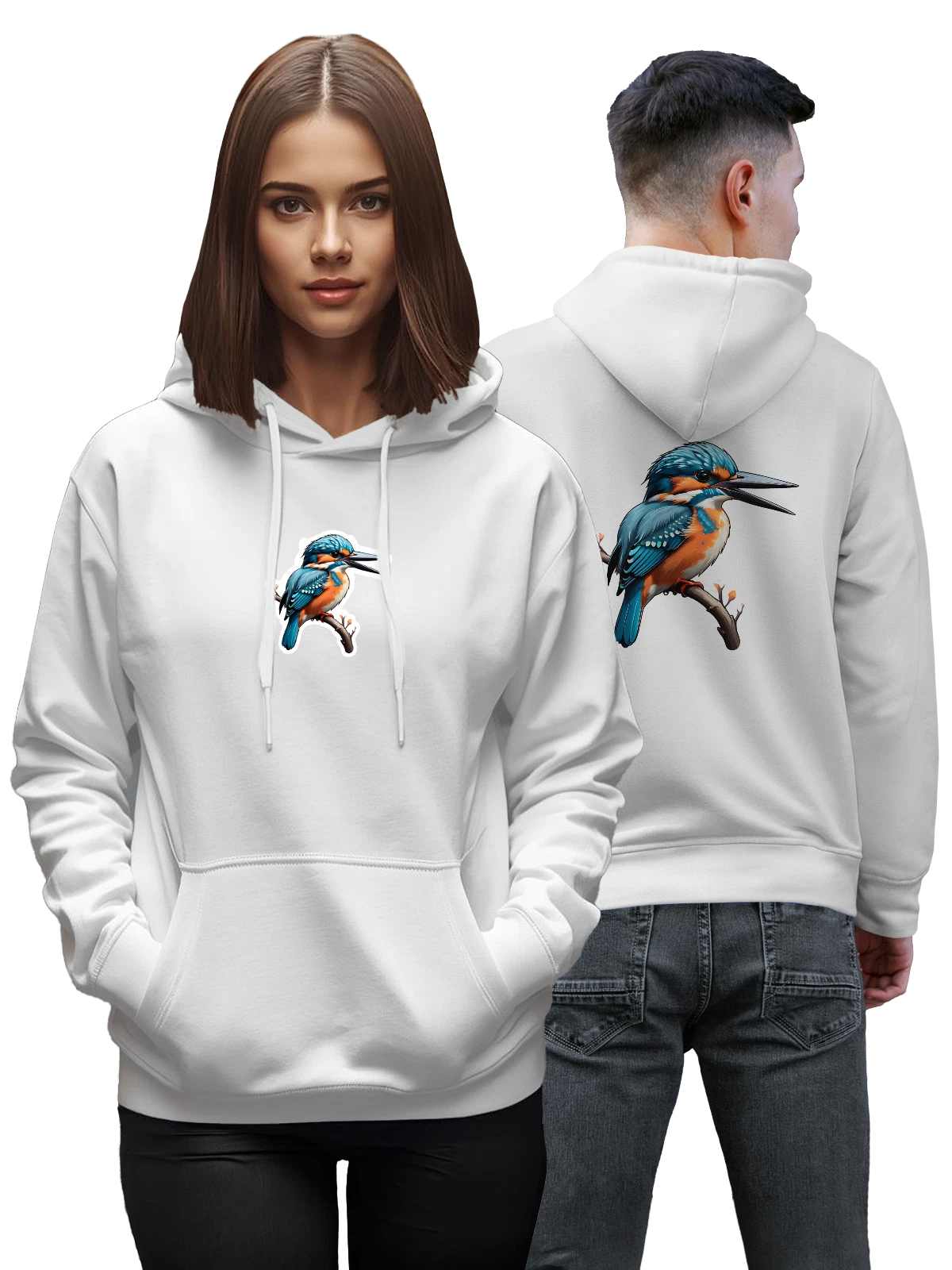 Худи Зимородок на ветке с длинным клювом белое с принтом — голубой зимородок — Белая, фото 1