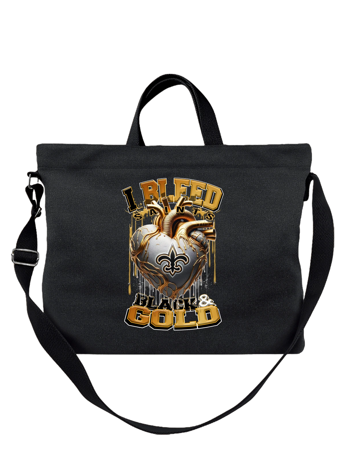 Сумка чёрная с принтом Сердце святых New Orleans Saints BLACK GOLD с — сердечный мотив — Чёрная, фото 1
