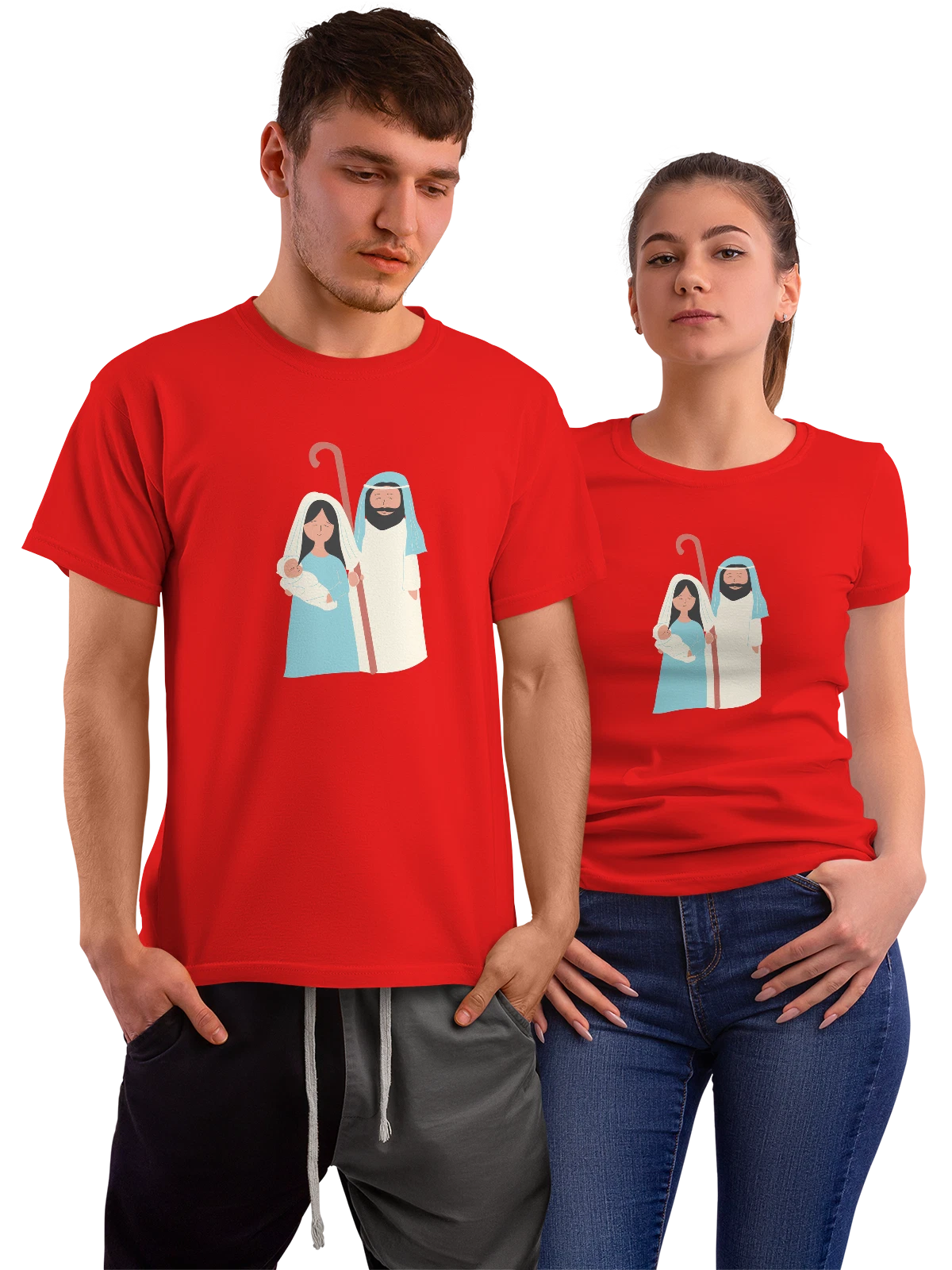 Футболка Святое семейство Мария Иосиф и младенец красная с принтом — библейский сюжет — Красная, фото 1