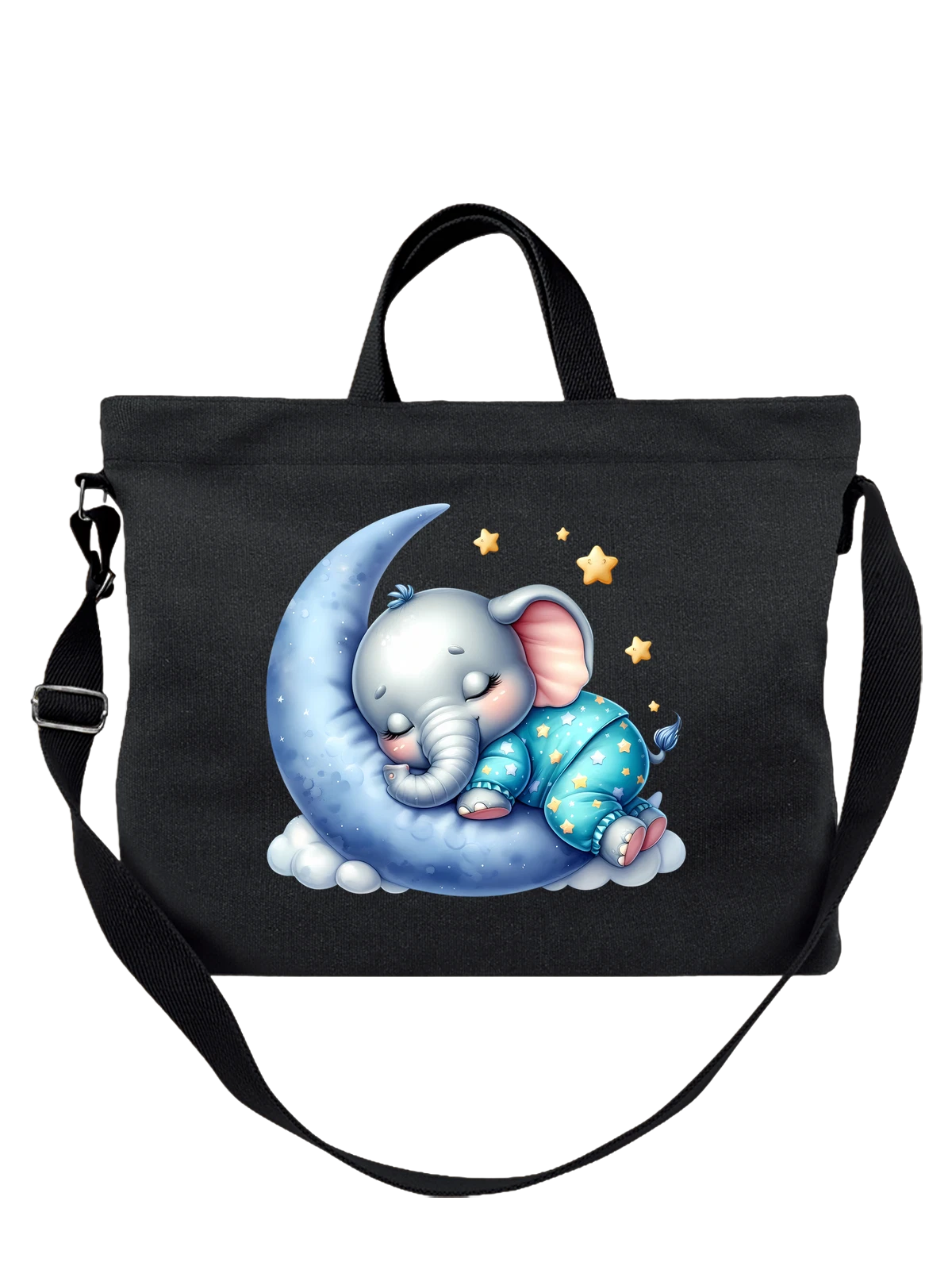 Сумка чёрная с принтом Baby elephant, sleeping on moon with stars — animal — Чёрная, фото 1