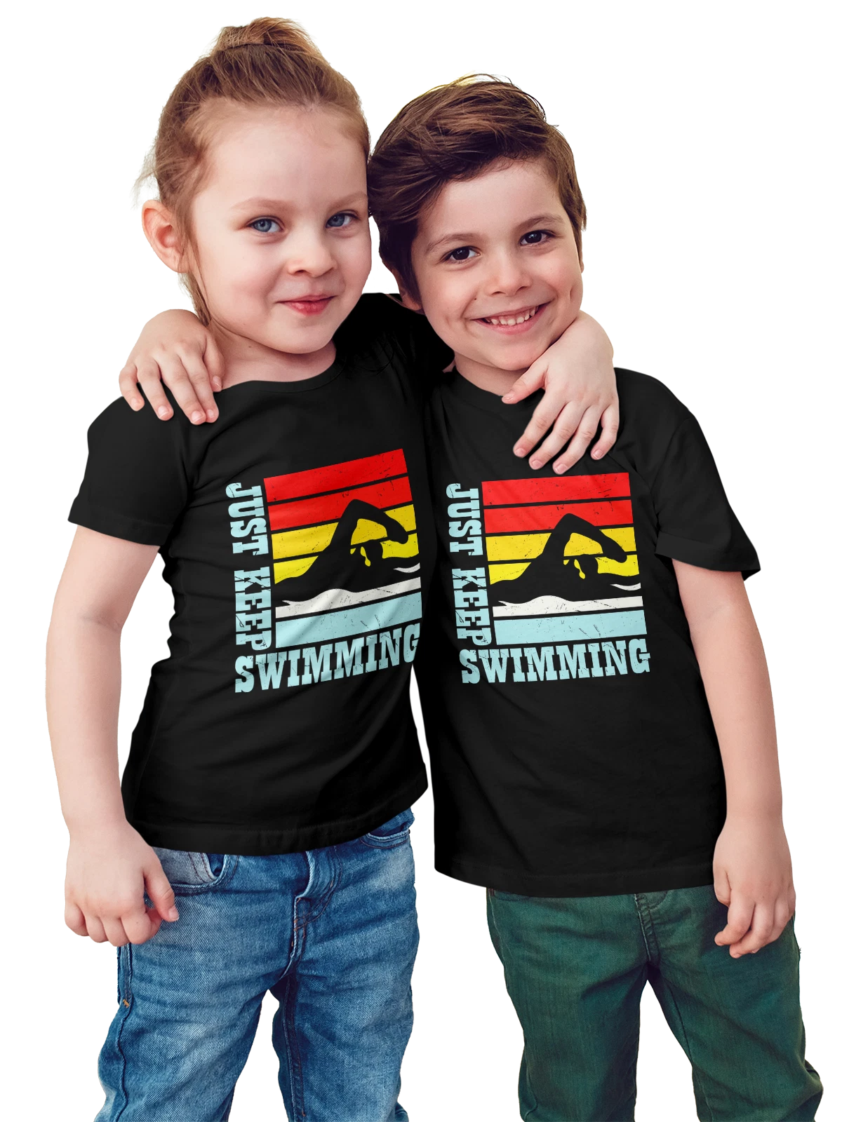 Футболка детская Надпись just keep swimming чёрная с принтом — животный мир — Чёрная, фото 1
