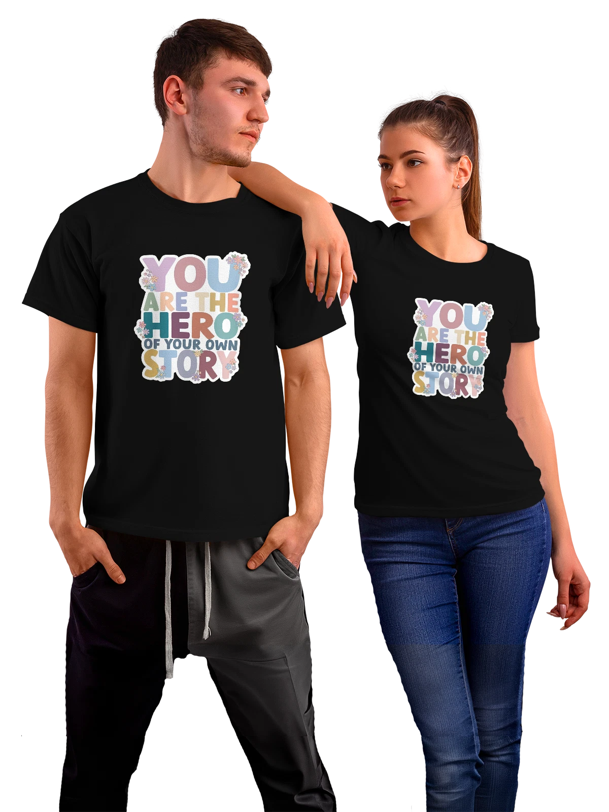 Футболка You Are The Hero Of Your Own Story чёрная с принтом — постерный стиль — Чёрная, фото 1
