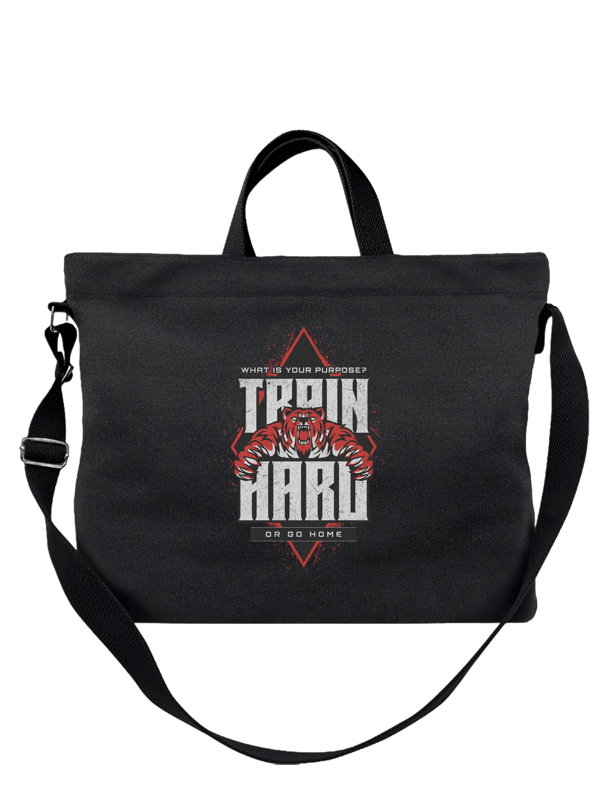 Сумка чёрная с принтом с агрессивным тигром и надписью TRAIN HARD — мотивационный фитнес принт — Чёрная, фото 1