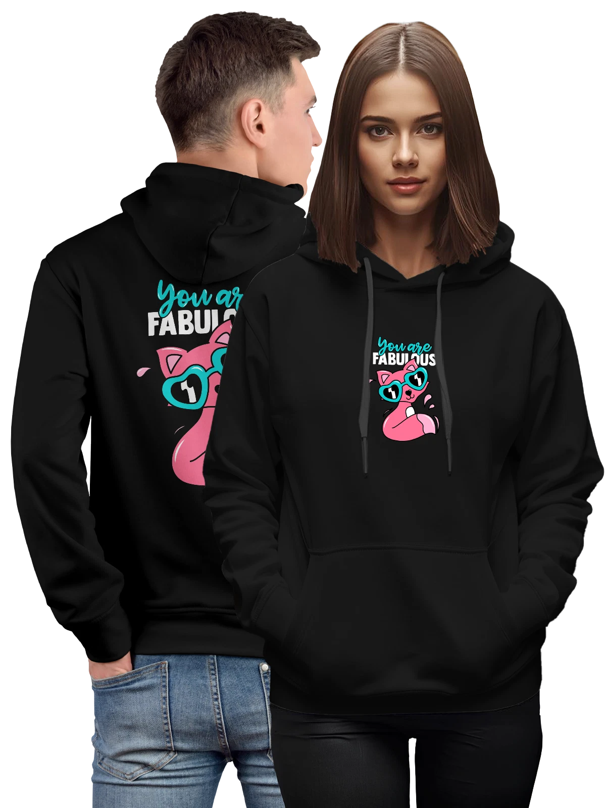 Худи с розовым котом в бирюзовых очках чёрное с принтом — cute kawaii style — Чёрная, фото 1