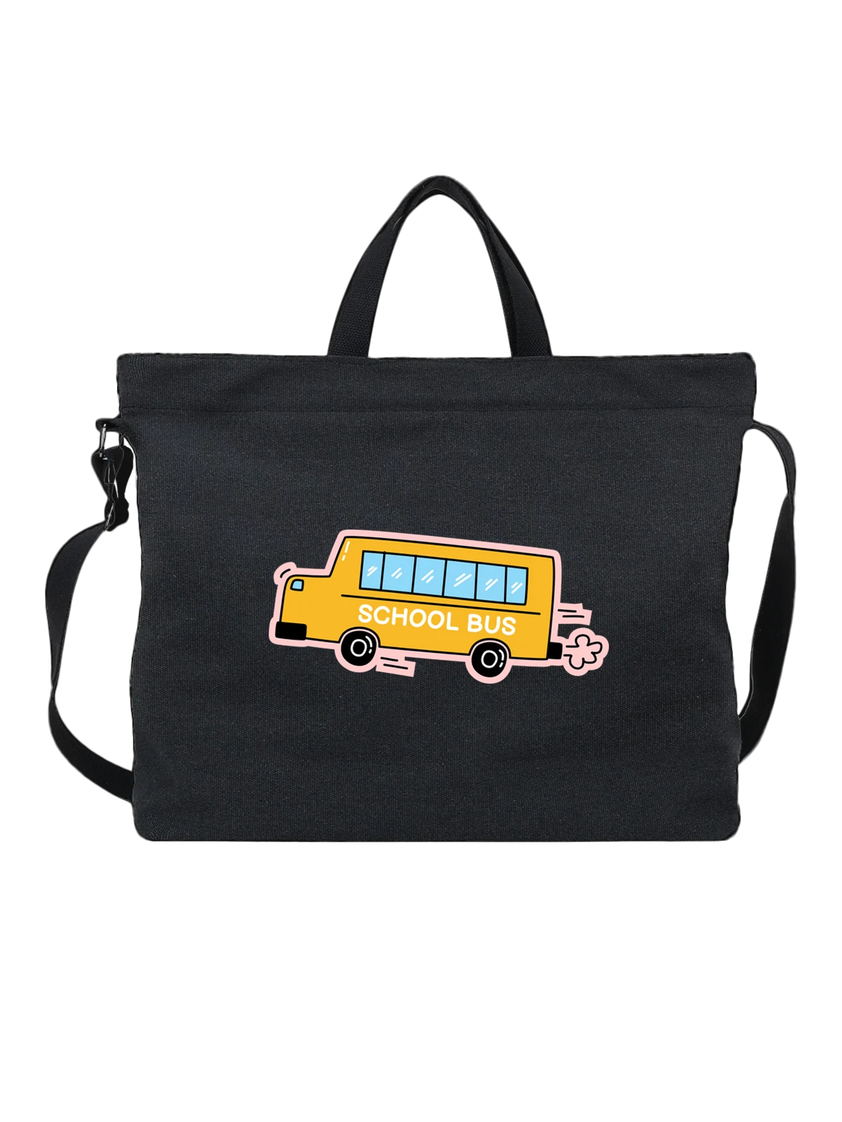 Сумка чёрная с принтом с желтым школьным автобусом SCHOOL BUS — автобус с надписью — Чёрная, фото 1