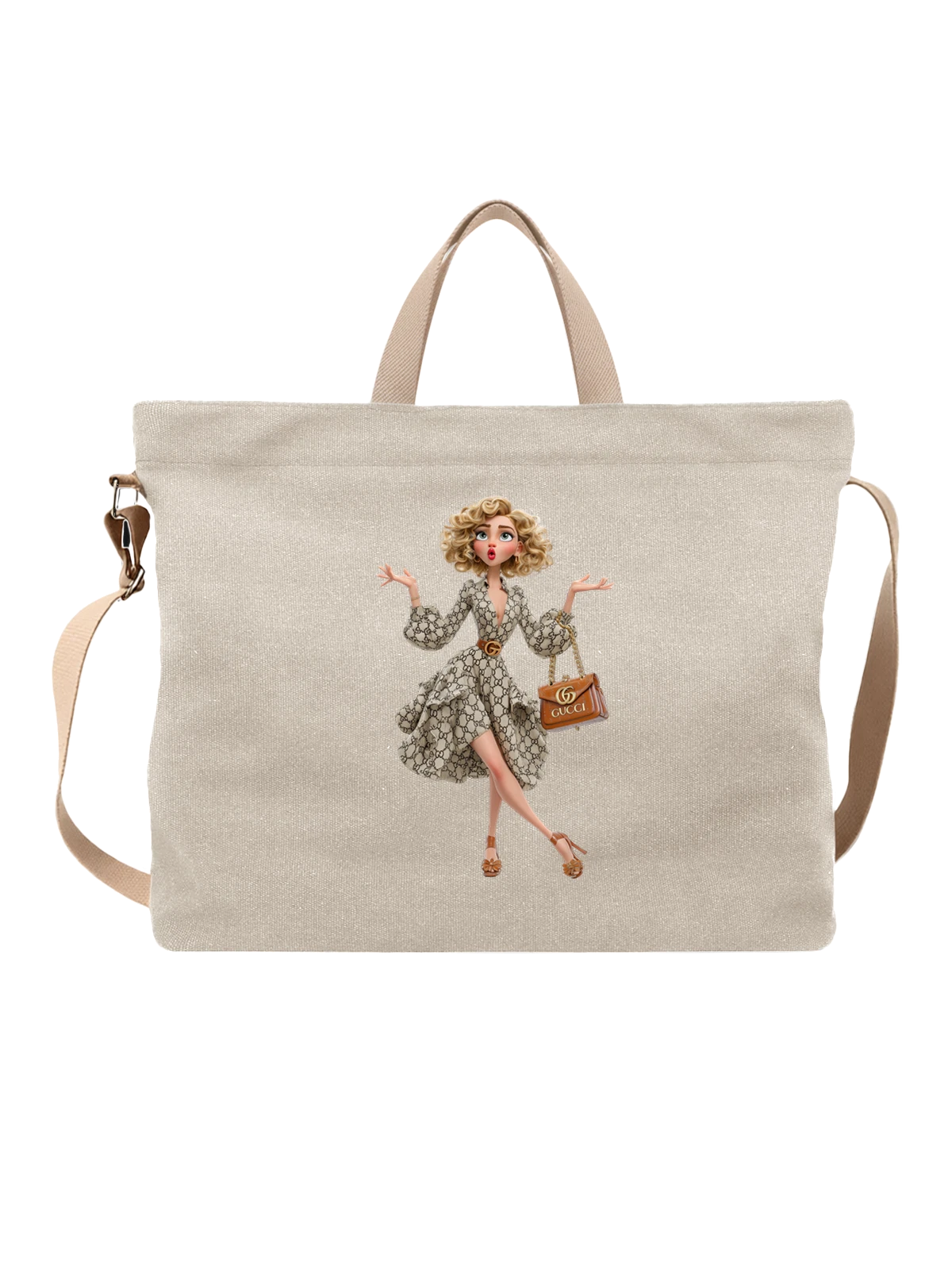 Сумка бежевая с принтом Кукла в платье Gucci с сумкой и туфлями — люксовый стиль — Бежевая, фото 1