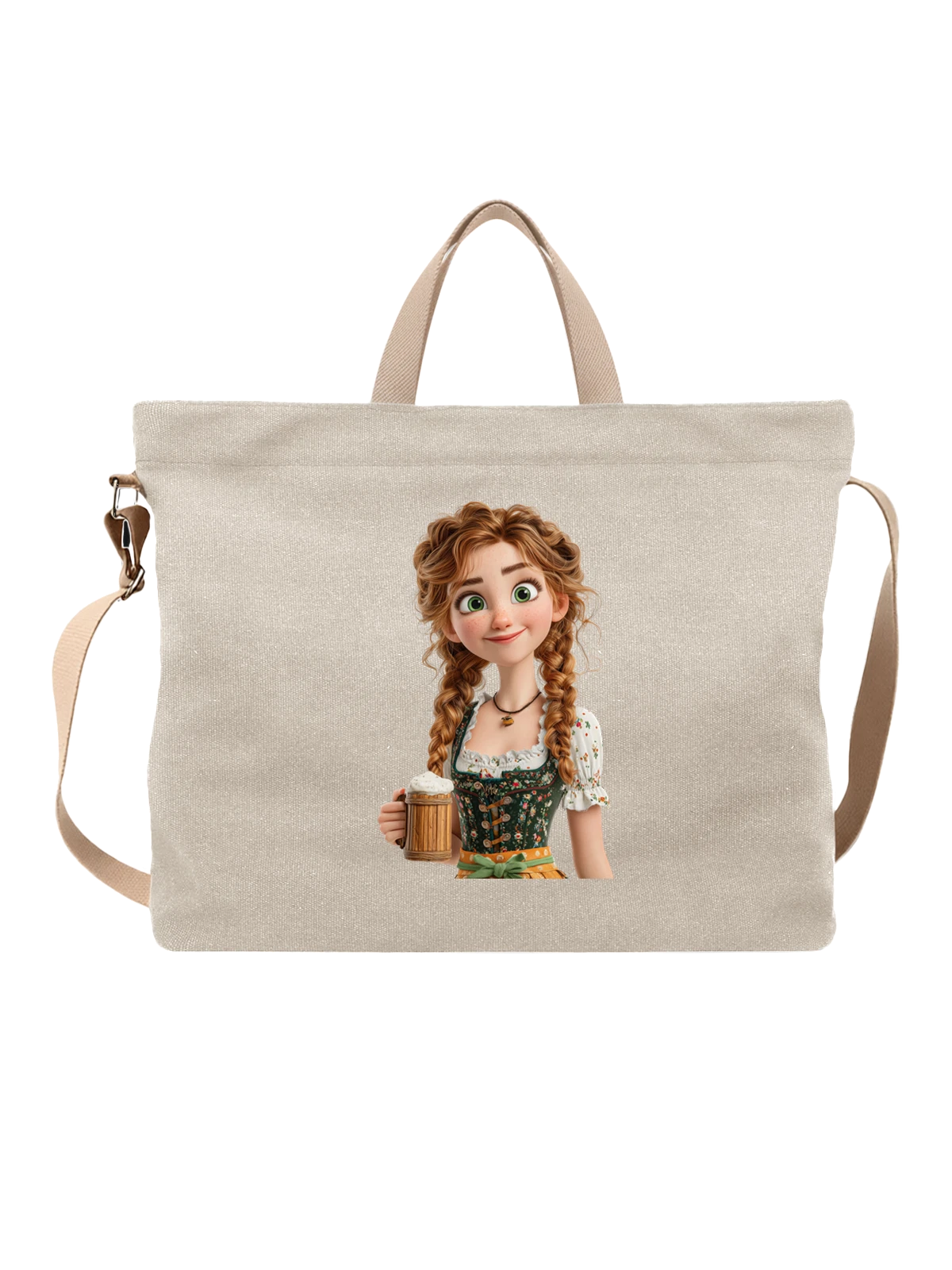 Сумка бежевая с принтом Улыбающаяся girl in dirndl с косами — заплетенные волосы — Бежевая, фото 1