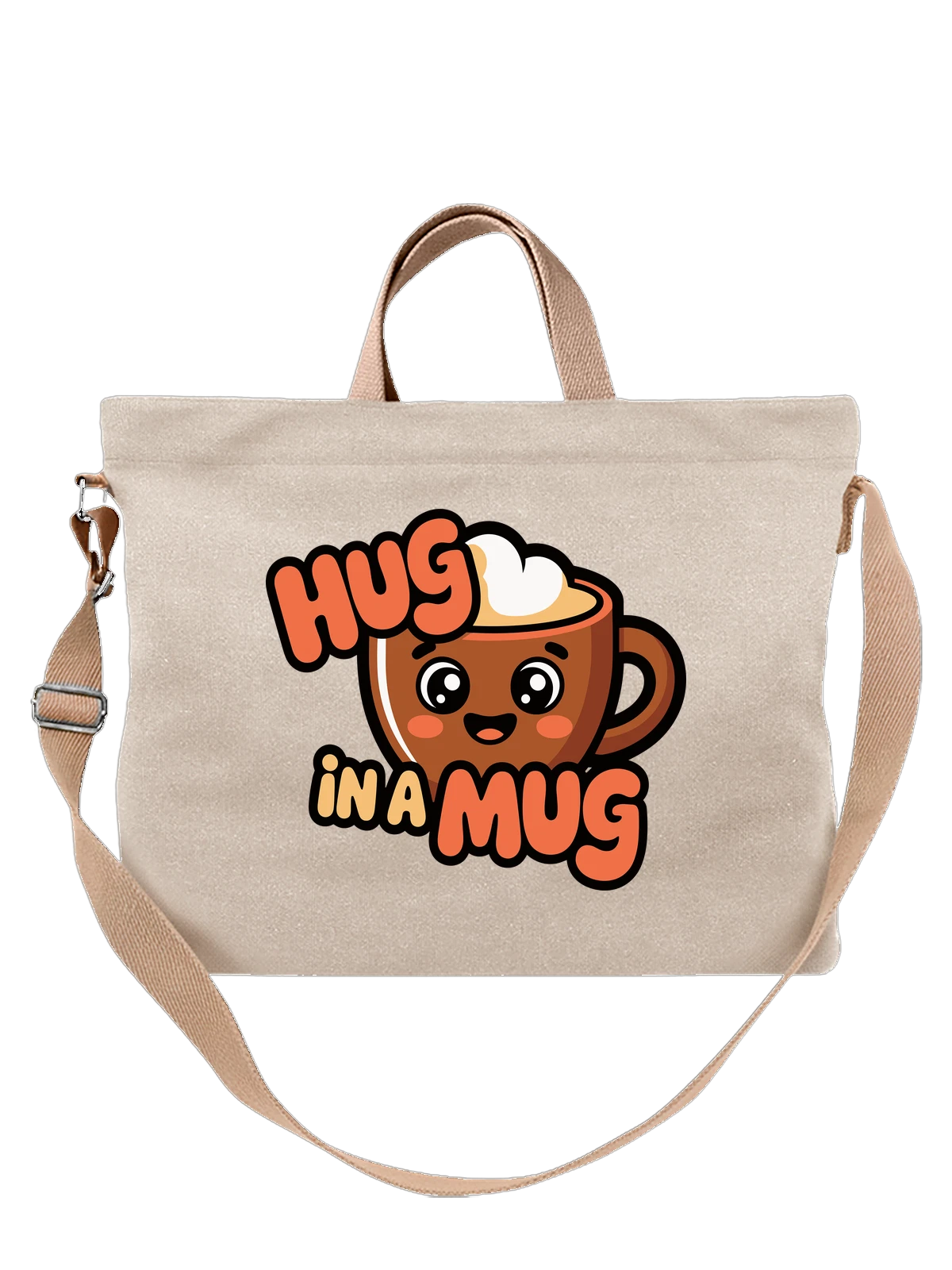 Сумка бежевая с принтом HUG in a Mug какао в чашке милый — какао с зефиром — Бежевая, фото 1