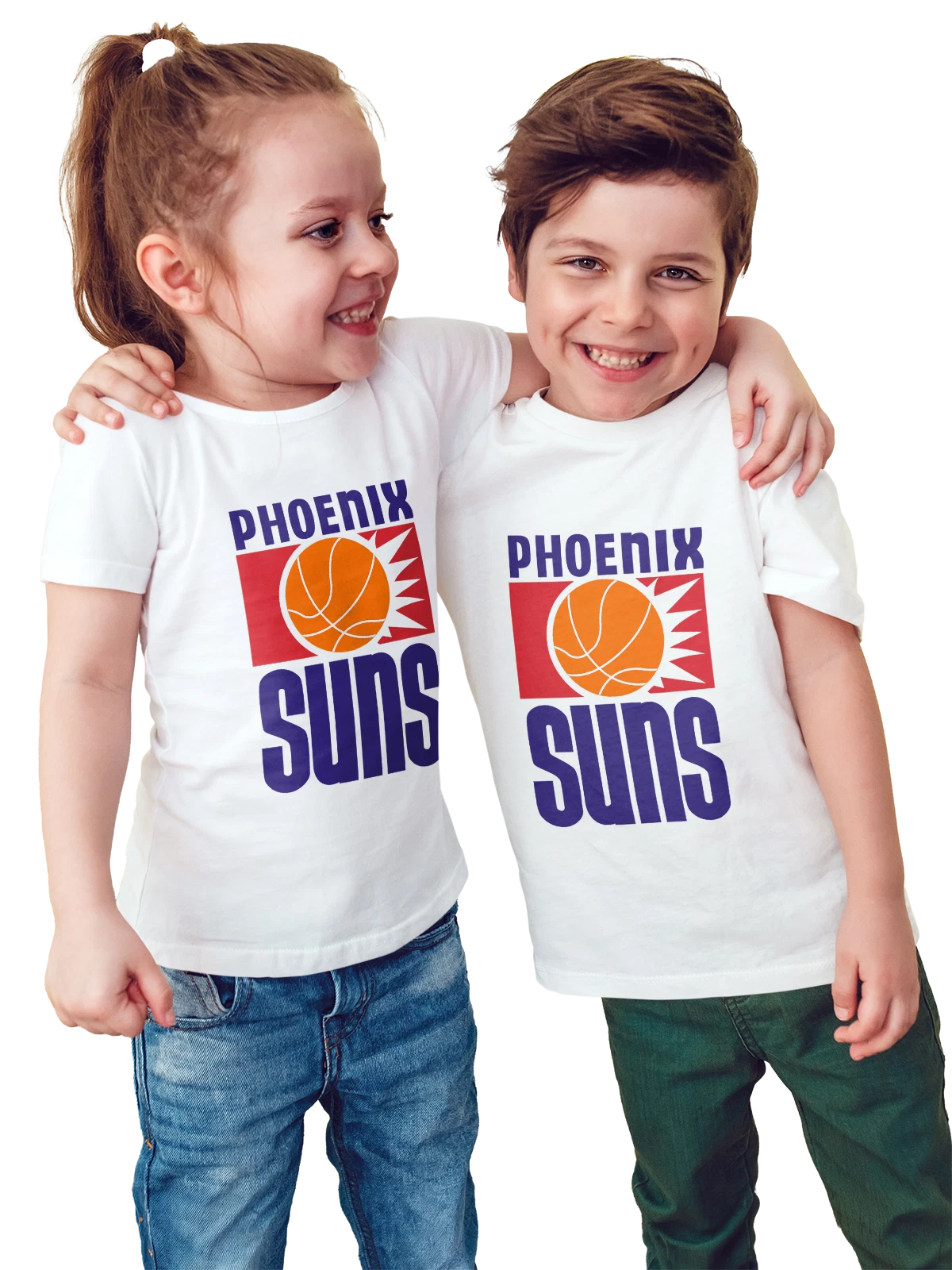 Футболка детская Phoenix Suns с баскетбольным мячом и логотипом белая с принтом — баскетбол — Белая, фото 1