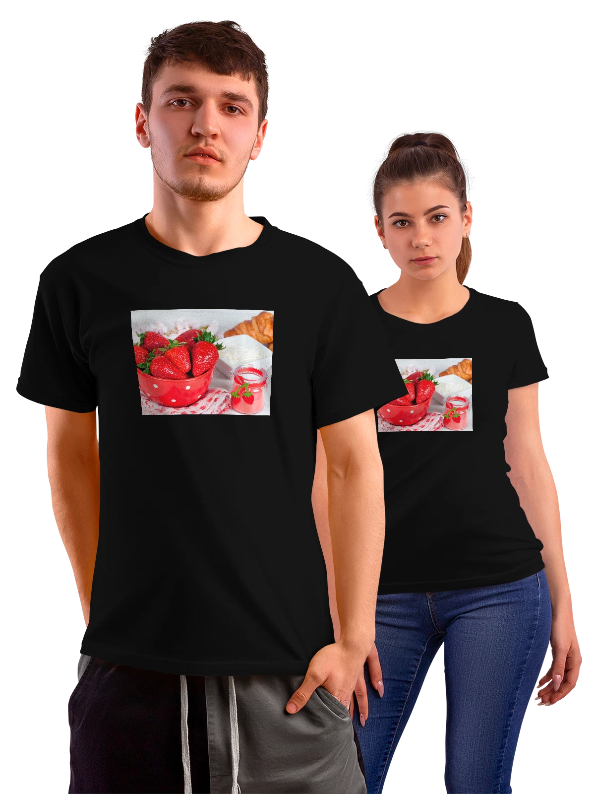 Футболка на кухню Еда Спелая клубника завтрак чёрная с принтом — кулинарный принт — Чёрная, фото 1