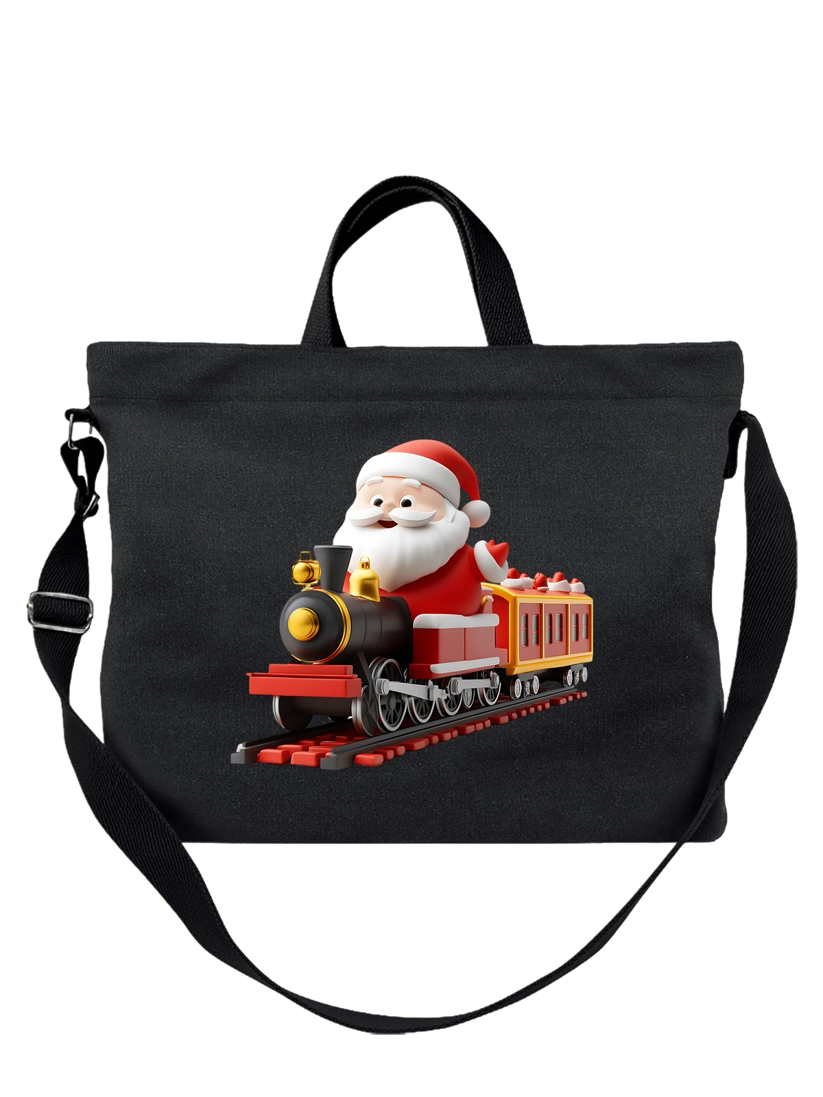Сумка Санта Клаус на рождественском паровозе чёрная с принтом — Santa Claus train — Чёрная, фото 1