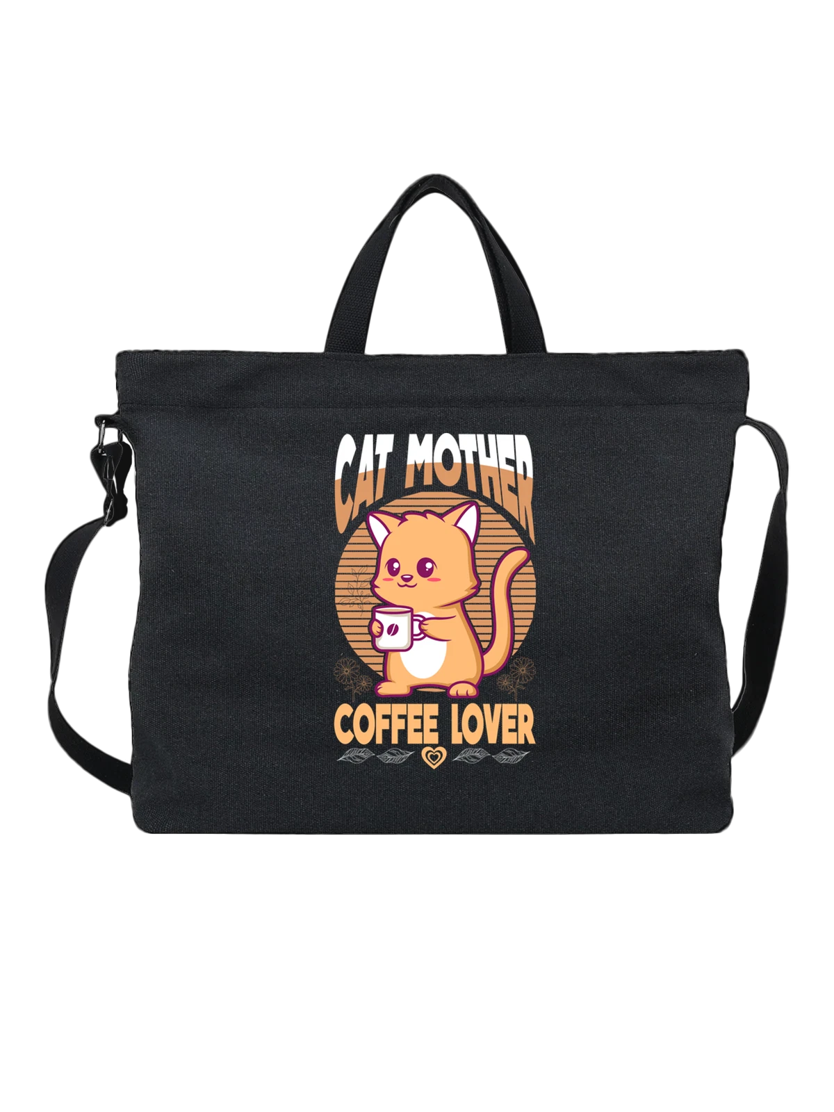 Сумка чёрная с принтом Милый orange kitten с чашкой кофе — coffee mug — Чёрная, фото 1