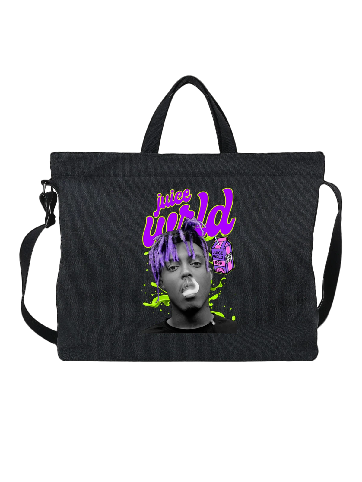 Сумка Juice WRLD с дымом и яркими волосами чёрная с принтом — фиолетовые дреды — Чёрная, фото 1