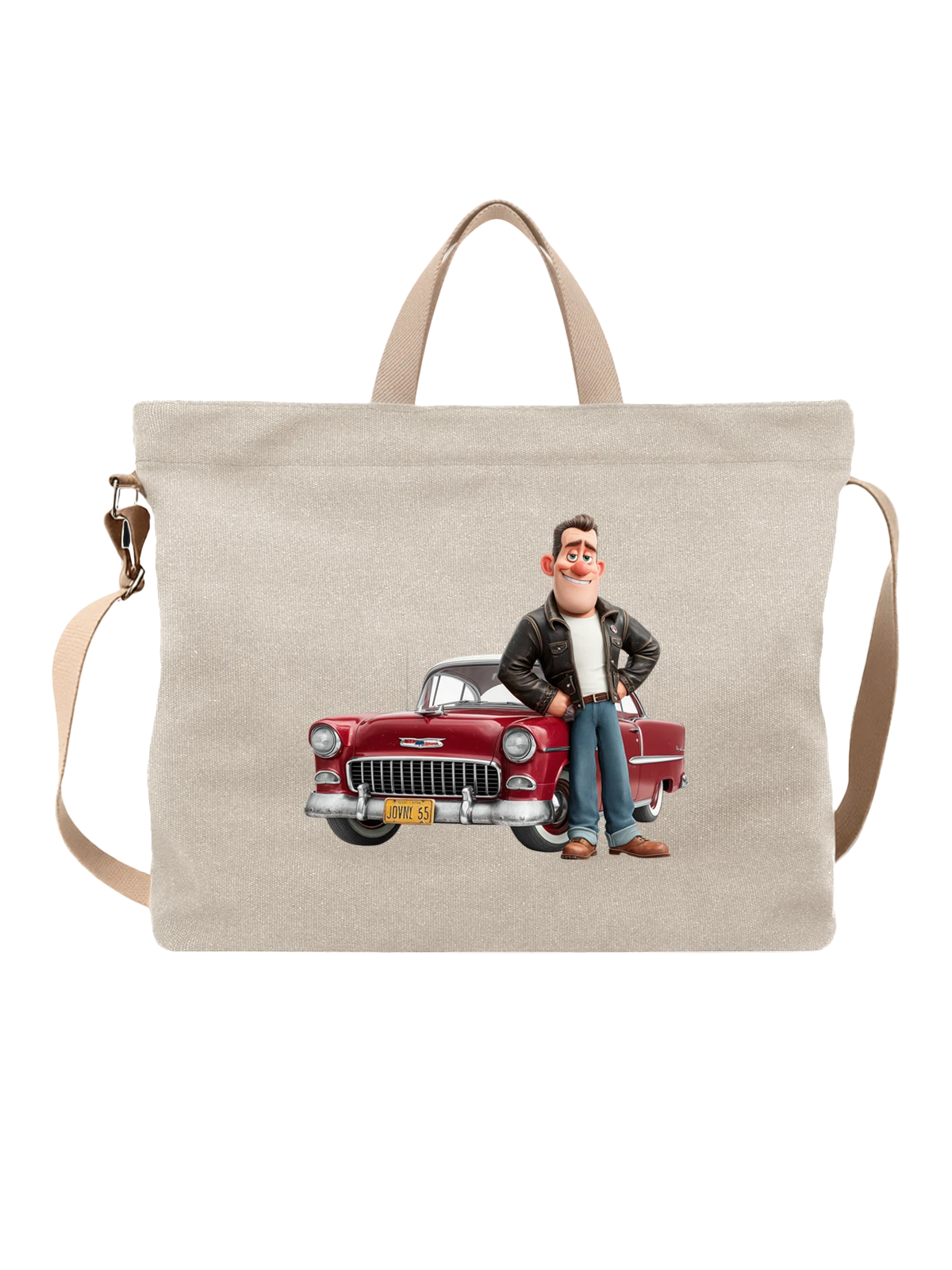 Сумка бежевая с принтом Парень у красного Chevrolet Bel Air — автоарт — Бежевая, фото 1