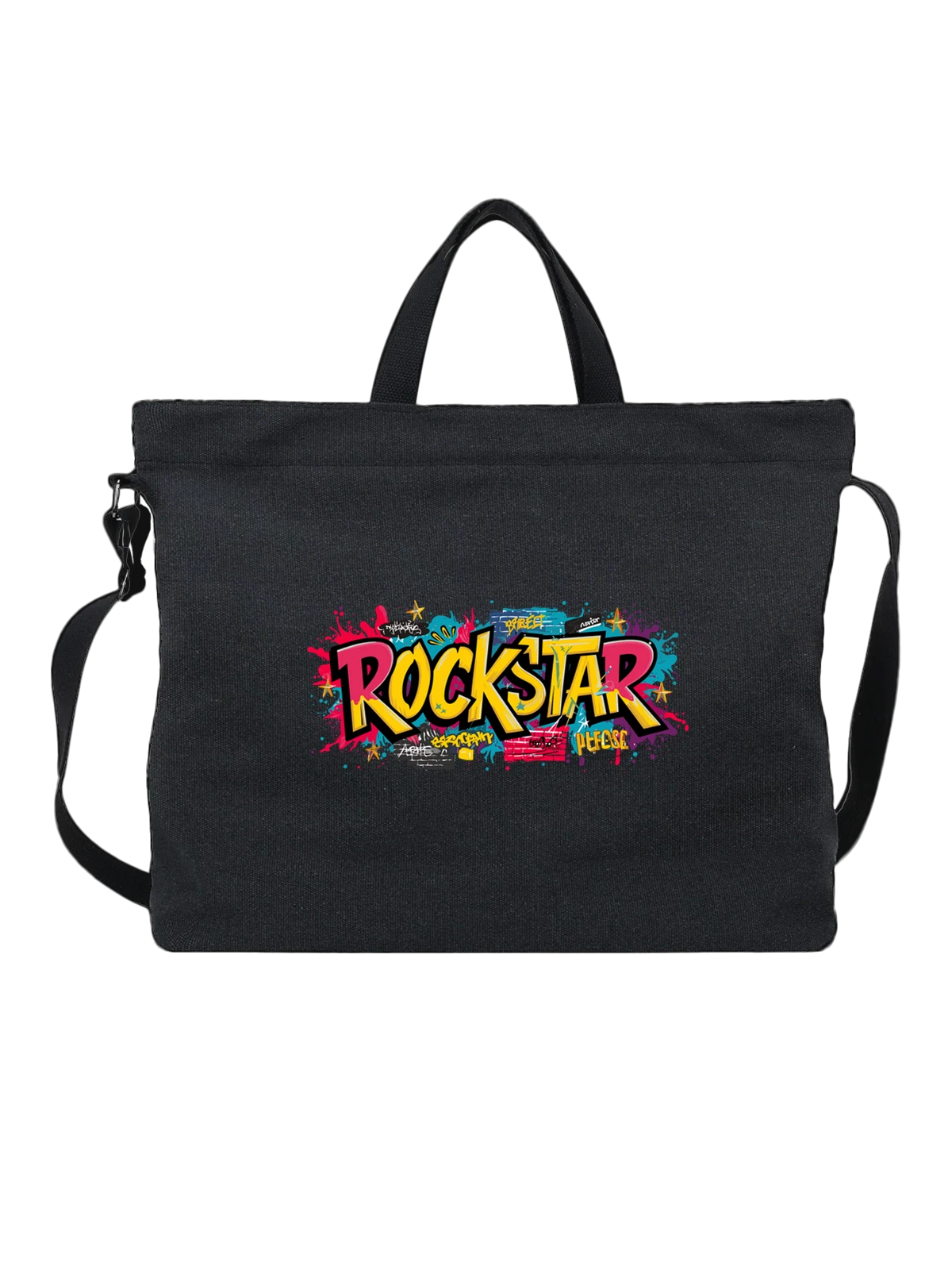 Сумка чёрная с принтом с надписью ROCKSTAR в граффити стиле — хип хоп — Чёрная, фото 1
