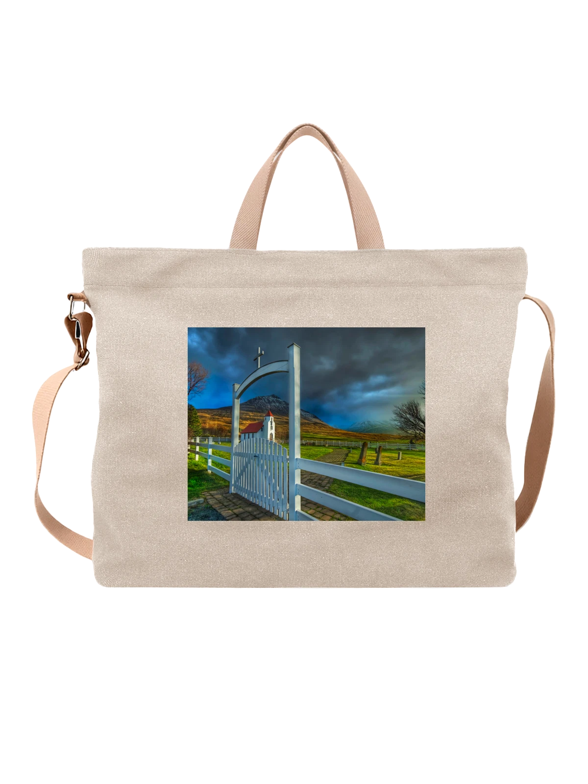 Сумка бежевая с принтом Калитка тропинка к церквушке — подарок по интересам — Бежевая, фото 1