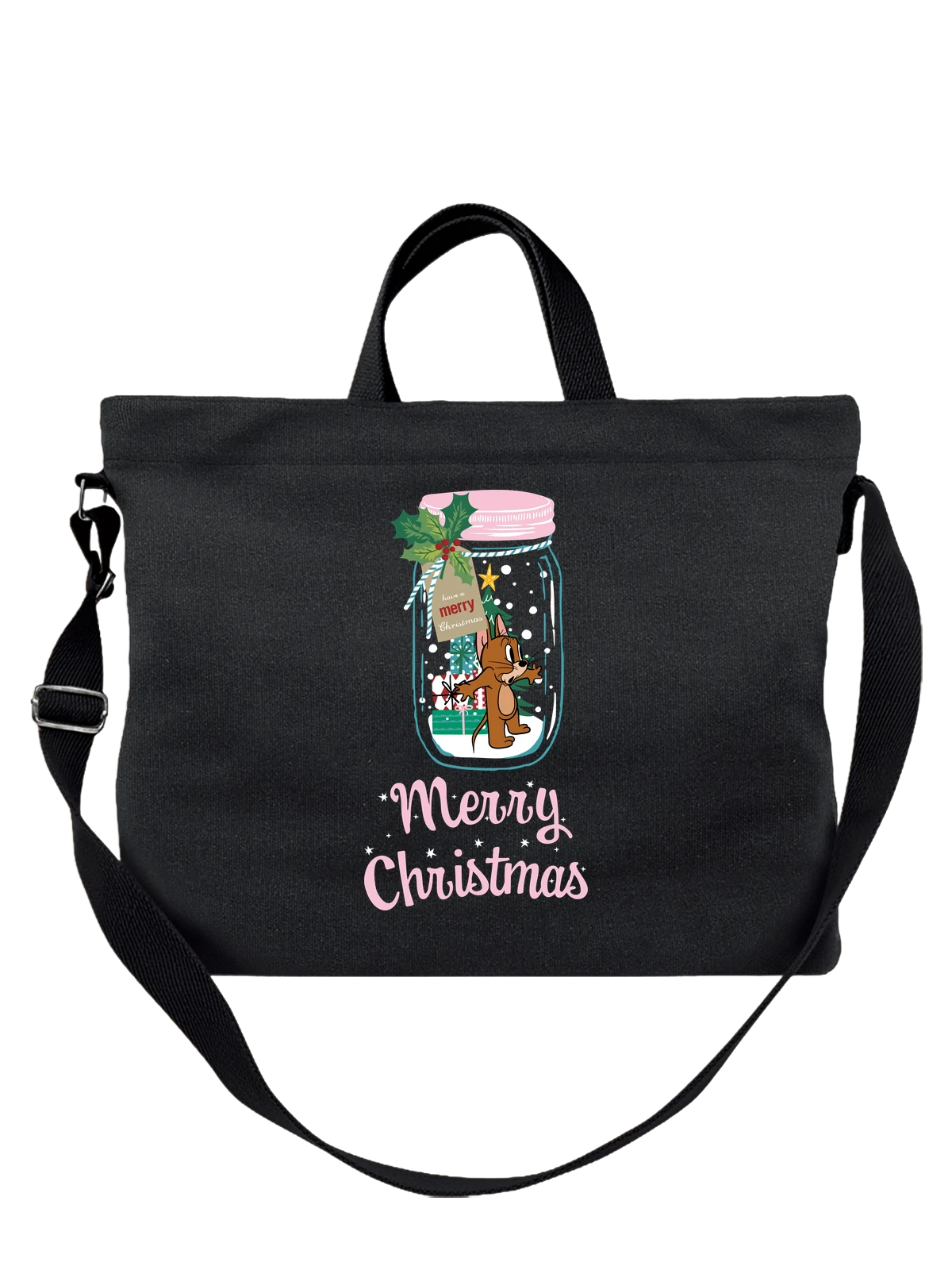 Сумка чёрная с принтом с cartoon mouse, Merry Christmas и подарками — gift boxes — Чёрная, фото 1