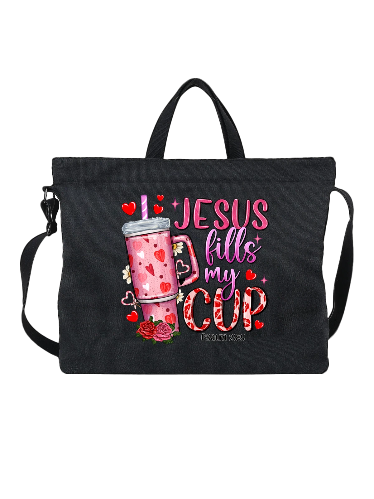 Сумка чёрная с принтом Jesus fills my cup с розовой чашкой — ромашки — Чёрная, фото 1
